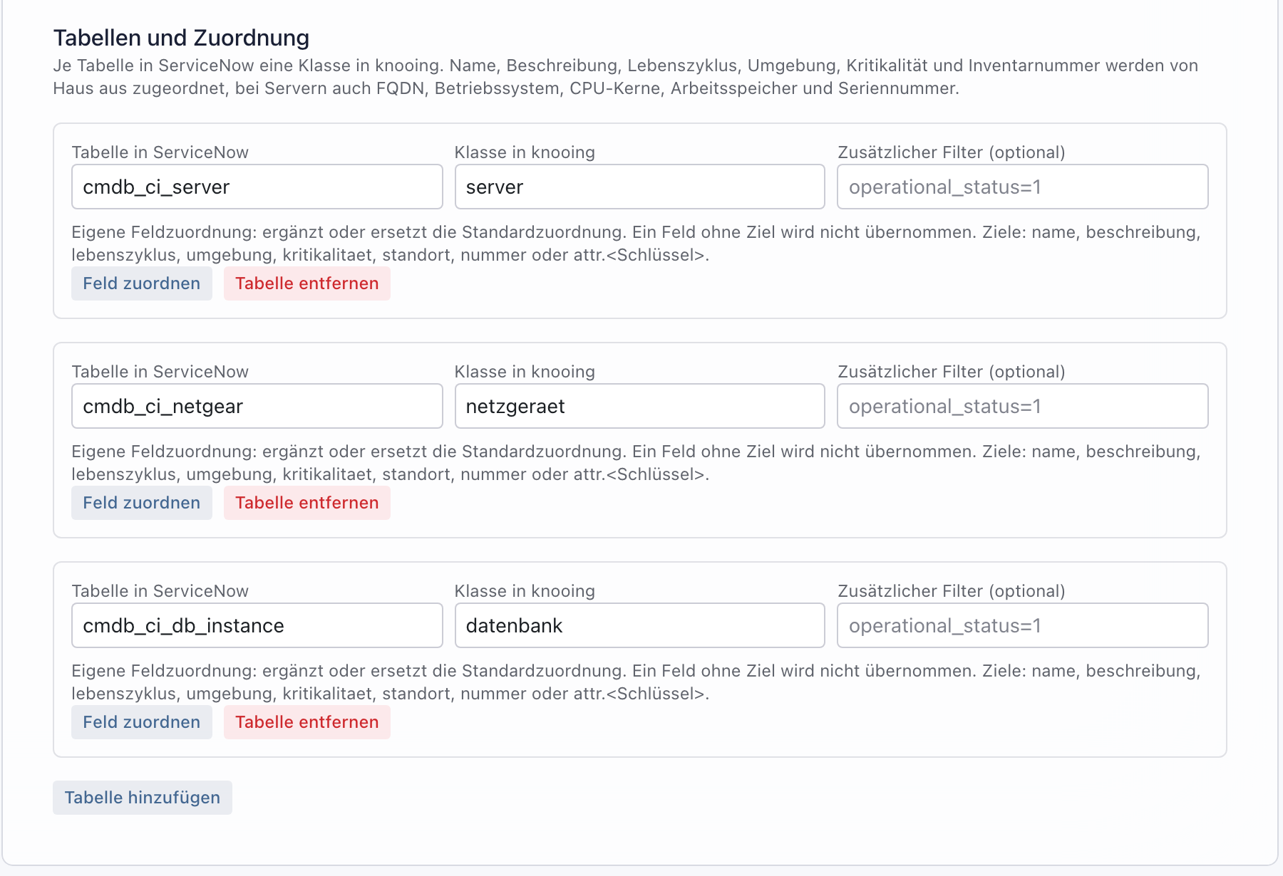 Abschnitt Tabellen und Zuordnung mit den Tabellen cmdb_ci_server, cmdb_ci_netgear und cmdb_ci_db_instance, den Klassen server, netzgeraet und datenbank, leeren Filtern und dem Knopf Tabelle hinzufügen