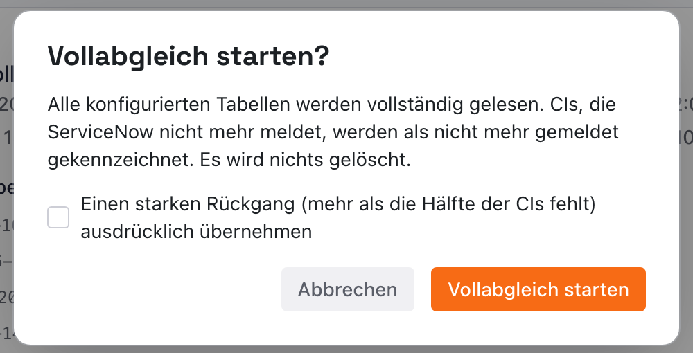 Dialog Vollabgleich starten? mit dem Hinweis, dass nichts gelöscht wird, dem leeren Haken für einen starken Rückgang und den Knöpfen Abbrechen und Vollabgleich starten