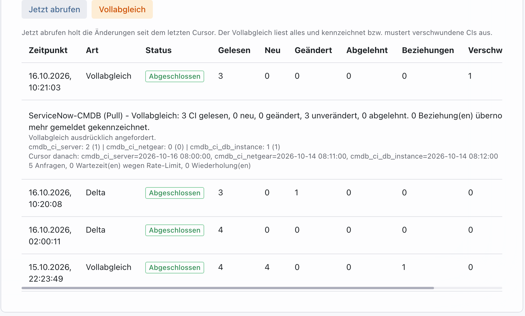 Lauf Vollabgleich vom 16.10.2026 mit Gelesen 3 und Verschwunden 1, darunter die Details mit 1 als nicht mehr gemeldet gekennzeichnet und dem Grund Vollabgleich ausdrücklich angefordert