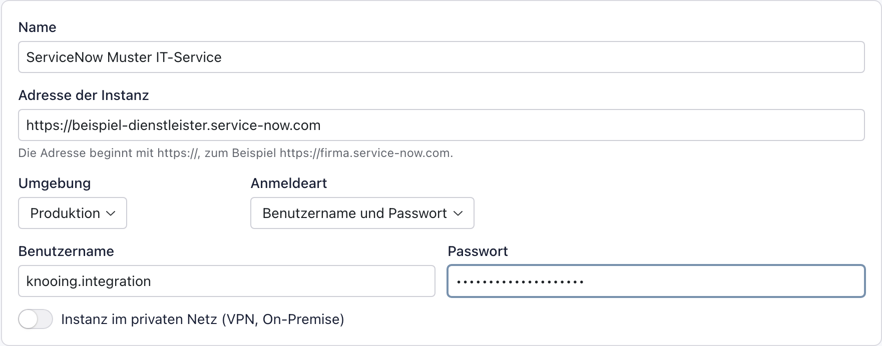 Oberer Abschnitt des Formulars mit Name, Adresse der Instanz, Umgebung, Anmeldeart, Benutzername und Passwort