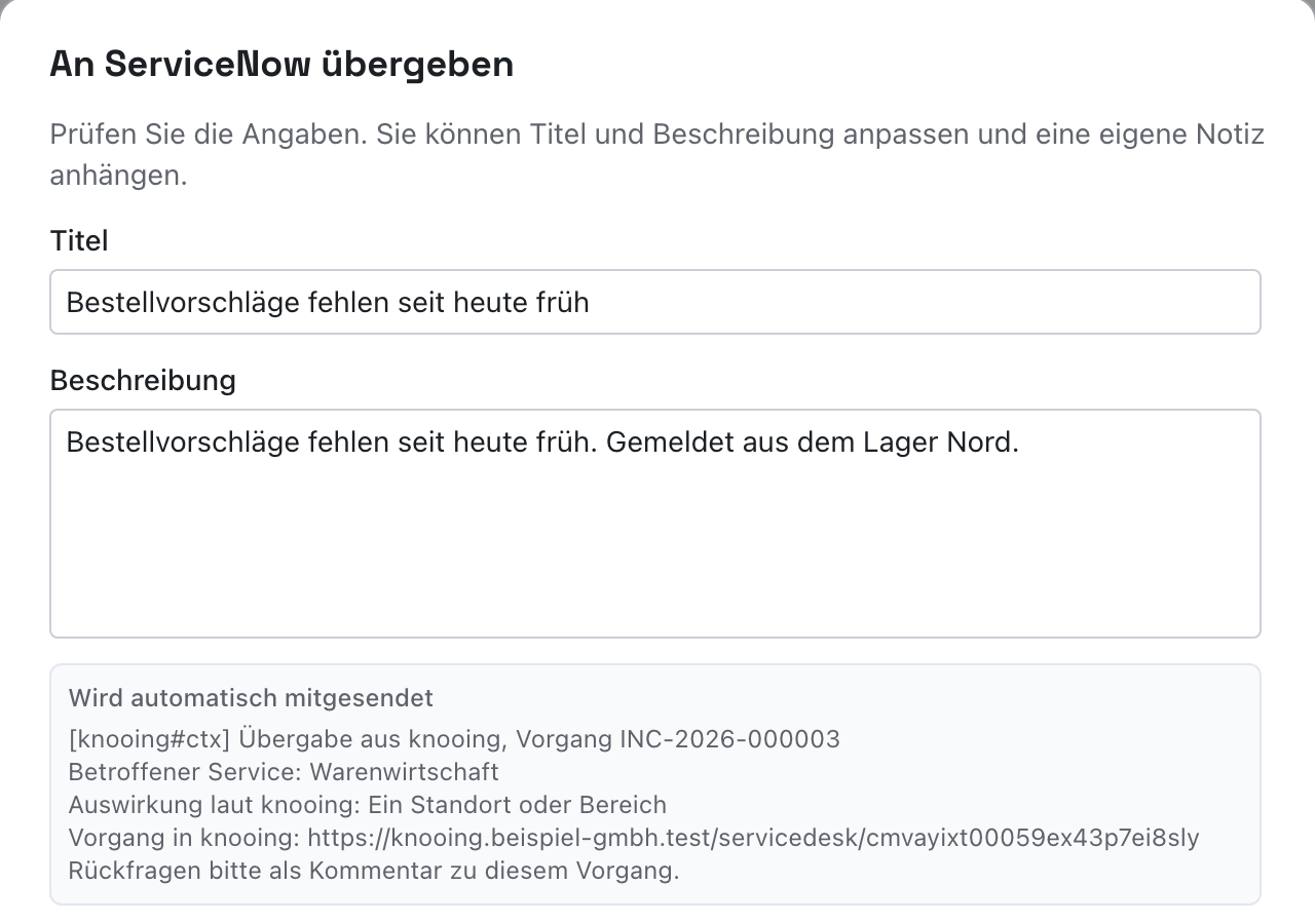 Oberer Teil des Dialogs An ServiceNow übergeben mit Titel, Beschreibung und dem Block Wird automatisch mitgesendet