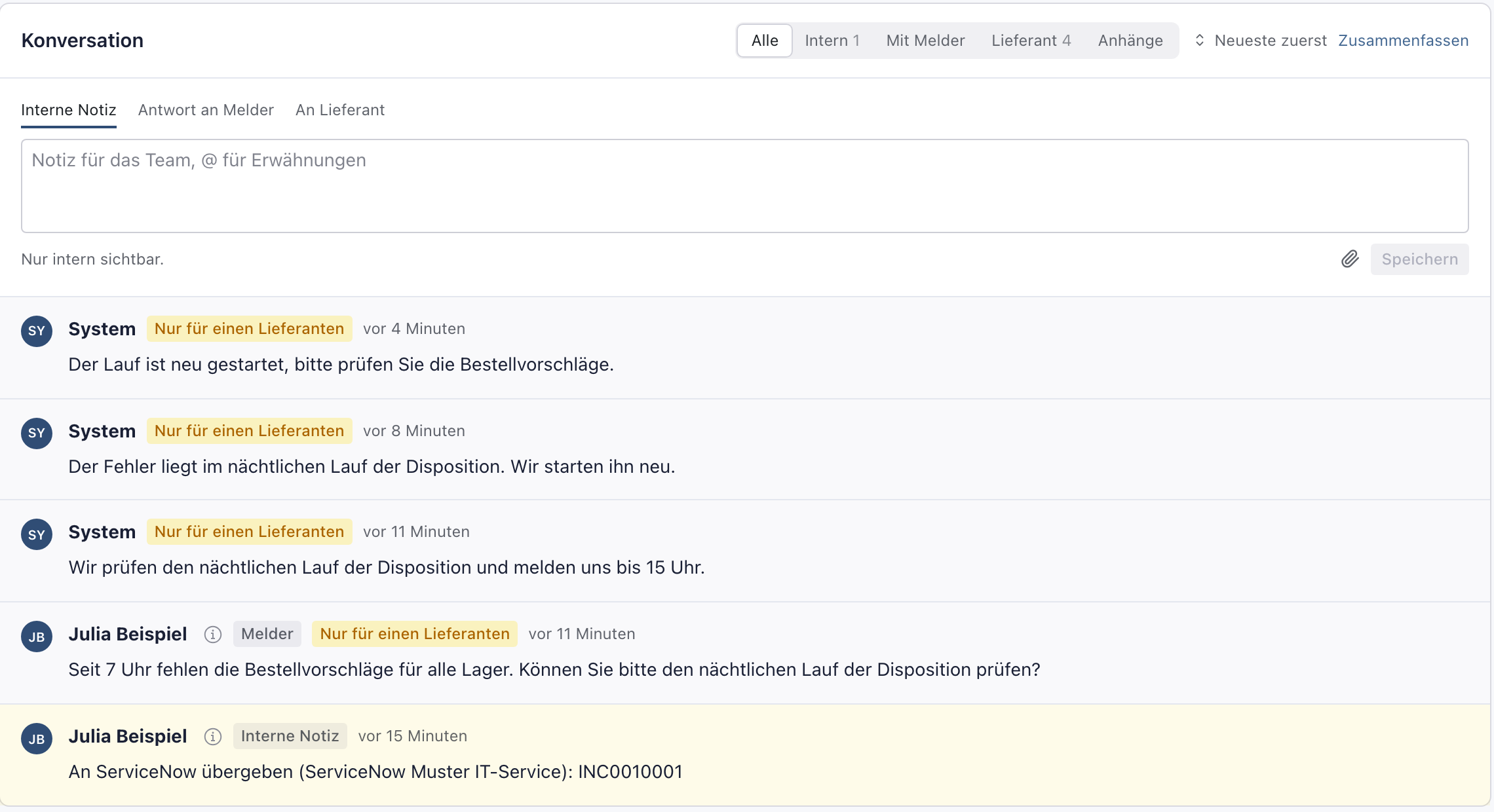 Karte Konversation mit drei Kommentaren des Dienstleisters, dem eigenen Kommentar von Julia Beispiel und der internen Notiz zur Übergabe