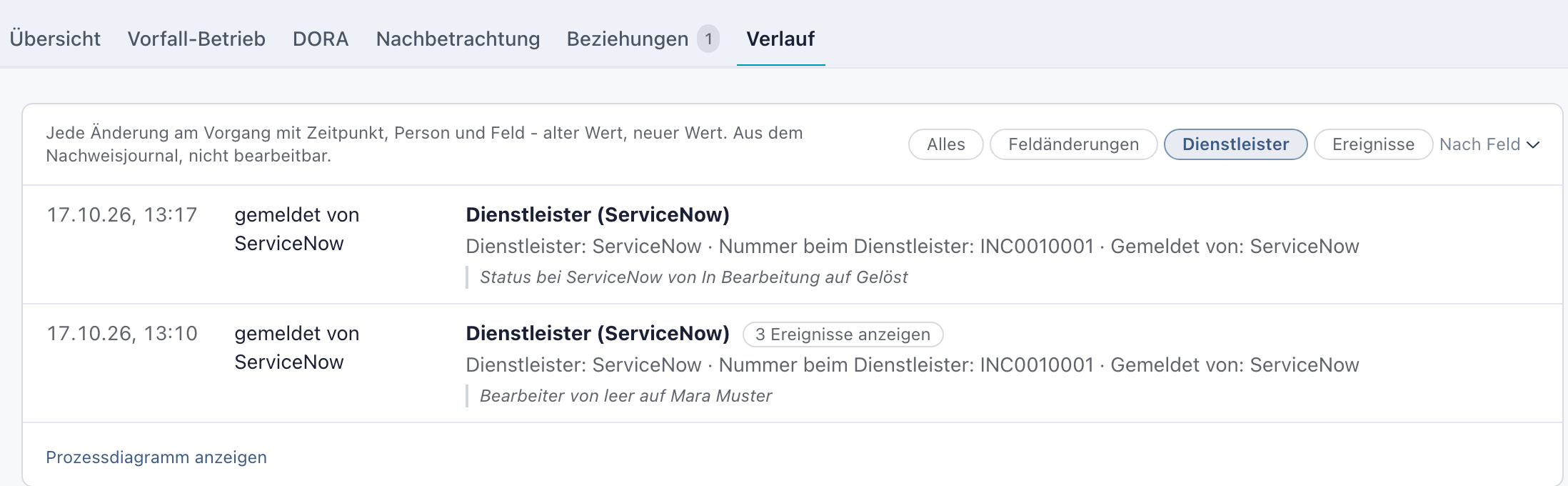 Reiter Verlauf mit dem Filter Dienstleister und zwei Einträgen Dienstleister (ServiceNow), gemeldet von ServiceNow