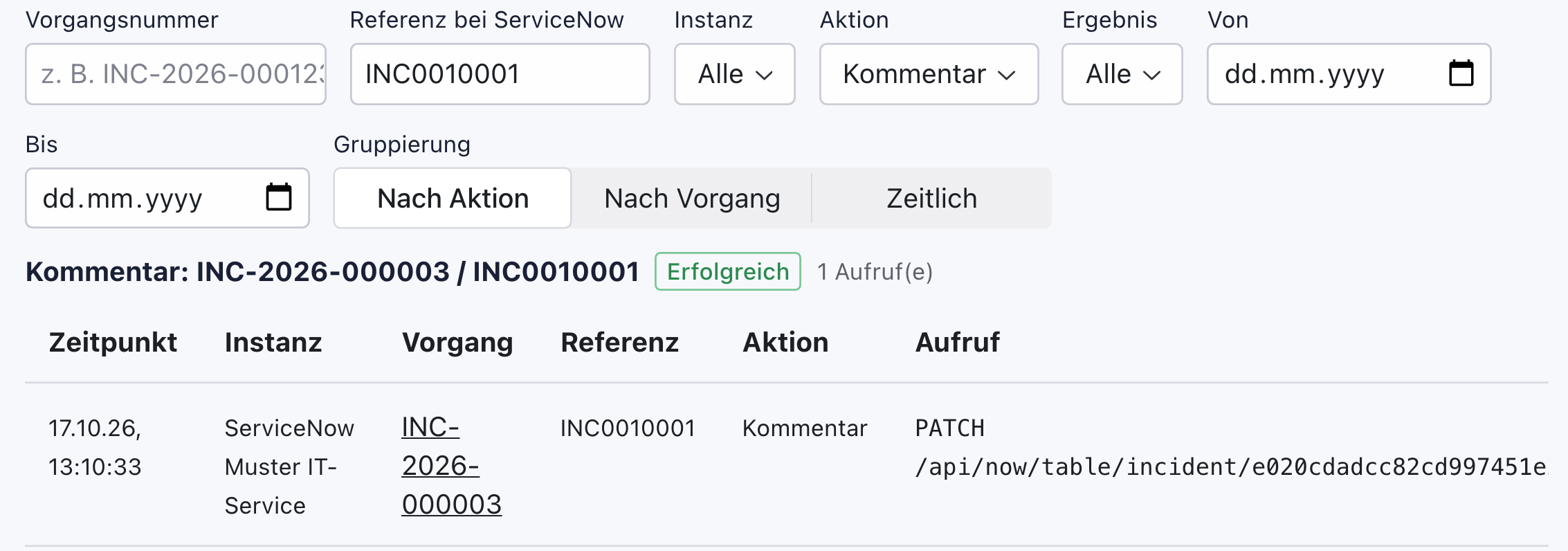 Filter Referenz bei ServiceNow mit INC0010001 und Aktion Kommentar, darunter die Gruppe Kommentar: INC-2026-000003 / INC0010001 mit einer Zeile PATCH