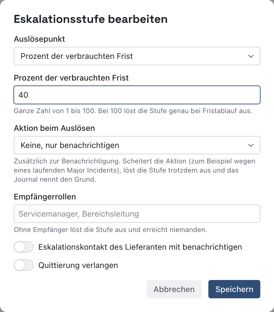 Dialog Eskalationsstufe bearbeiten mit dem Auslösepunkt Prozent der verbrauchten Frist und dem Wert 40