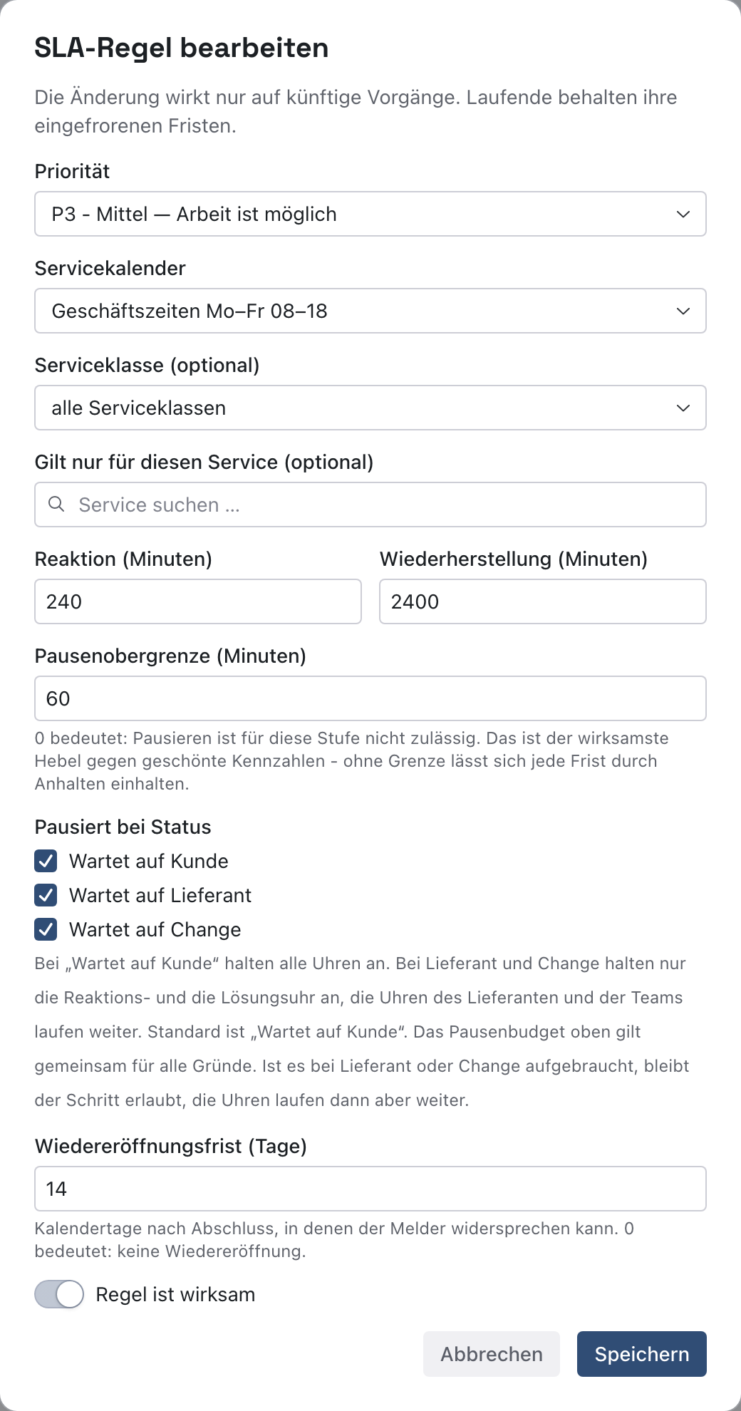 Dialog SLA-Regel bearbeiten mit Pausenobergrenze 60 und den drei angehakten Wartestatus