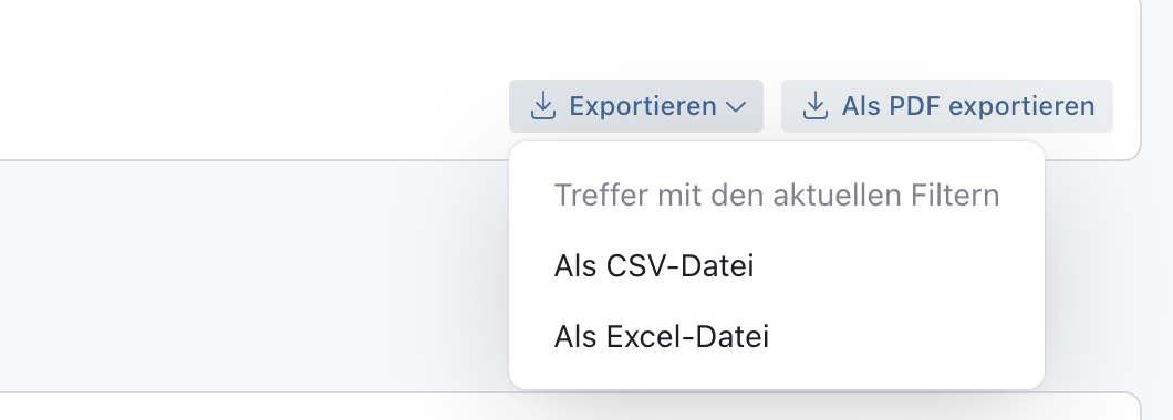 Geöffnetes Menü Exportieren mit Als CSV-Datei und Als Excel-Datei neben Als PDF exportieren