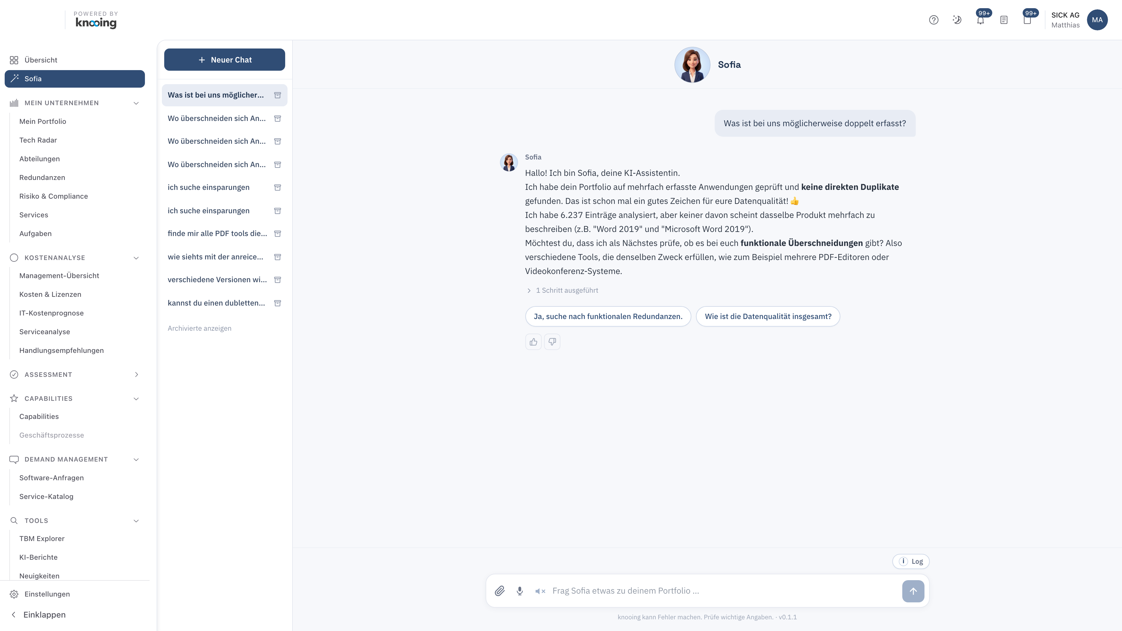 Antwort von Sofia mit ausgeführten Schritten und Folgefragen