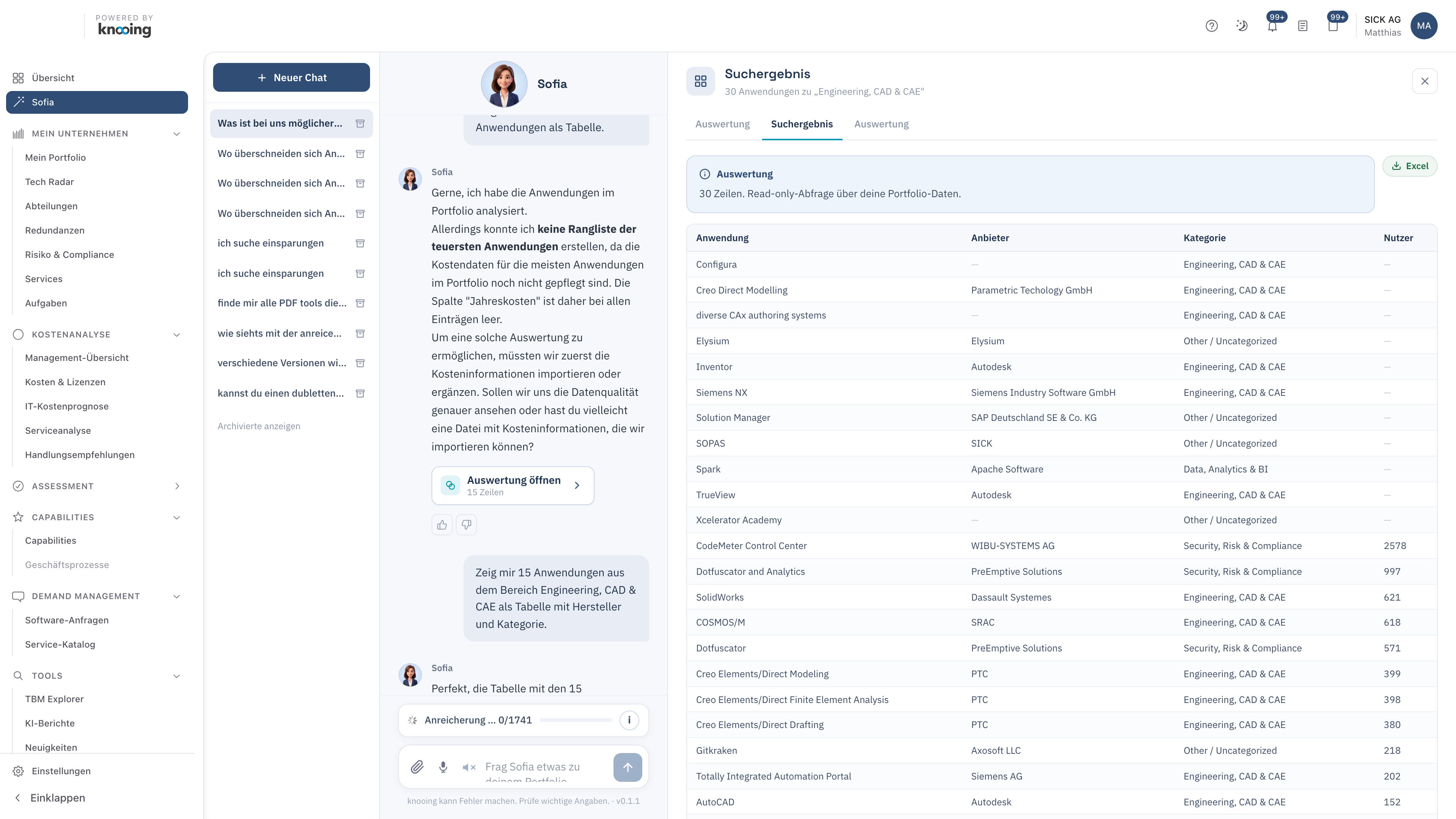 Ergebnis-Panel mit Tabelle und Excel-Export