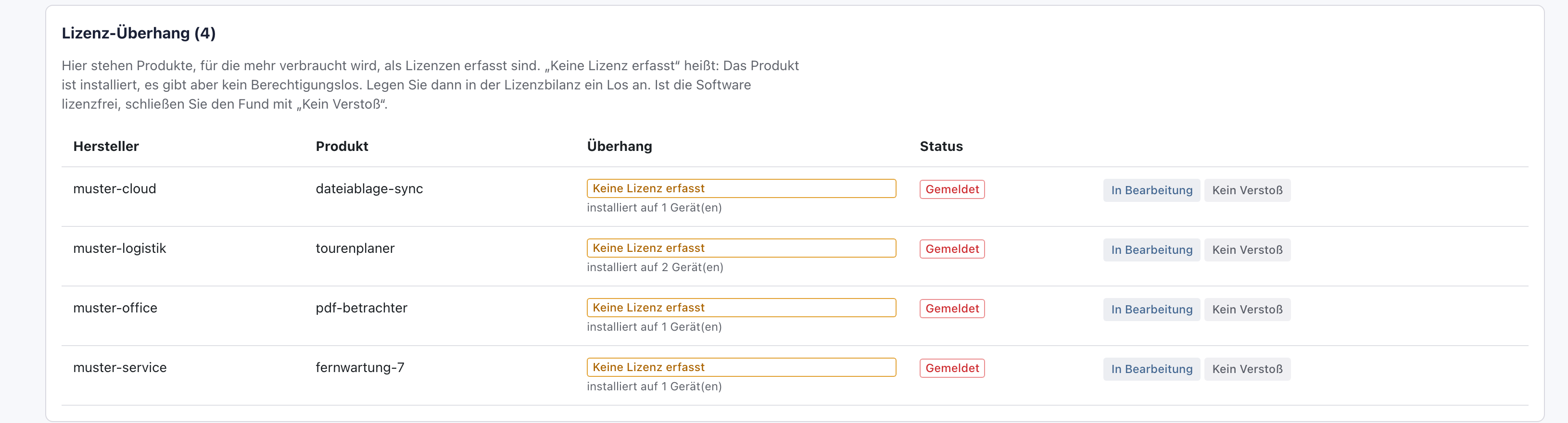 Abschnitt Lizenz-Überhang mit vier Funden Keine Lizenz erfasst im Status Gemeldet, tourenplaner installiert auf 2 Geräten