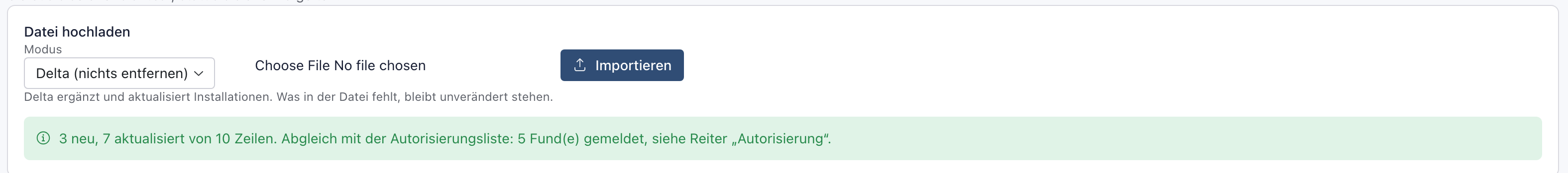 Reiter Software nach dem Import mit der grünen Meldung 3 neu, 7 aktualisiert von 10 Zeilen und 5 Funde gemeldet