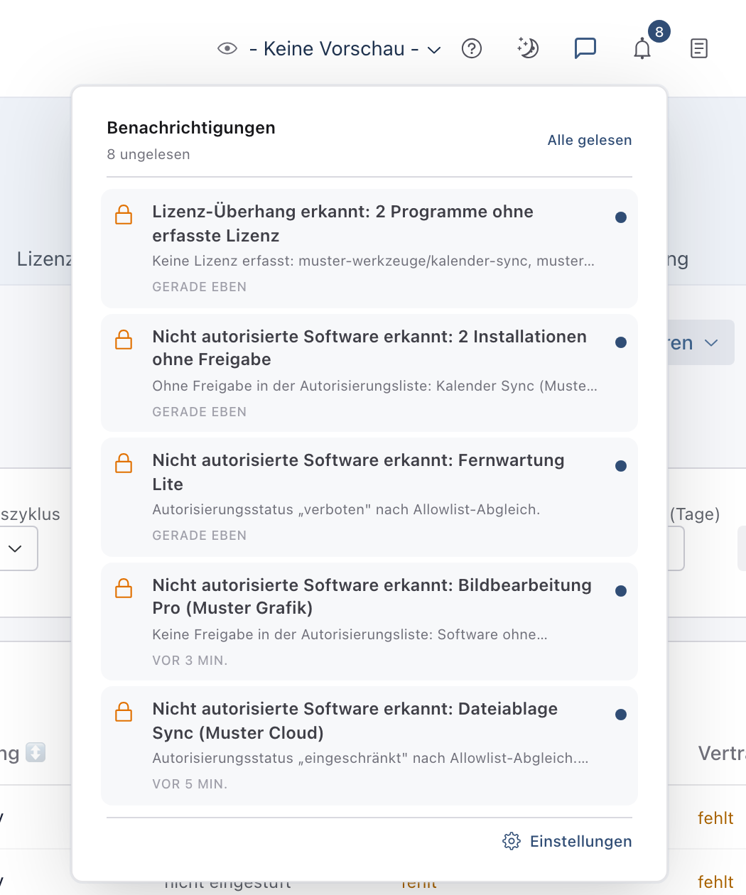 Geöffnete Glocke mit acht ungelesenen Benachrichtigungen, darunter Nicht autorisierte Software erkannt: 2 Installationen ohne Freigabe und Nicht autorisierte Software erkannt: Fernwartung Lite