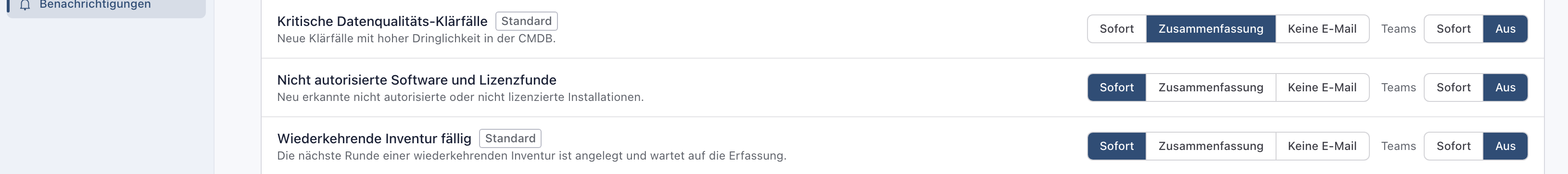 Einstellungen Benachrichtigungen, Zeile Nicht autorisierte Software und Lizenzfunde mit den Möglichkeiten Sofort, Zusammenfassung und Keine E-Mail