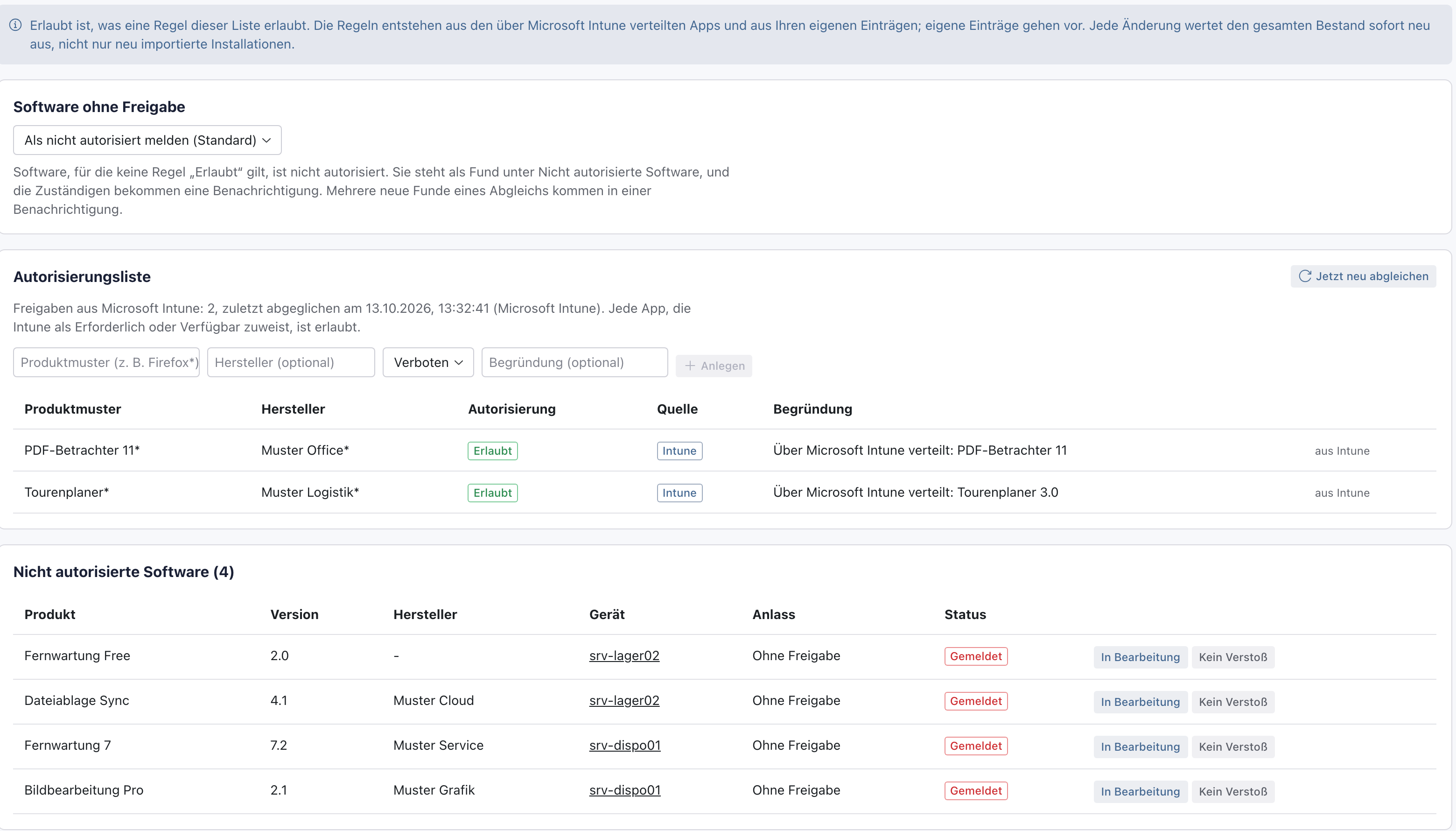 Reiter Autorisierung: Software ohne Freigabe auf Als nicht autorisiert melden (Standard), die Autorisierungsliste mit den Freigaben aus Intune PDF-Betrachter 11* und Tourenplaner*, darunter vier Funde mit dem Anlass Ohne Freigabe