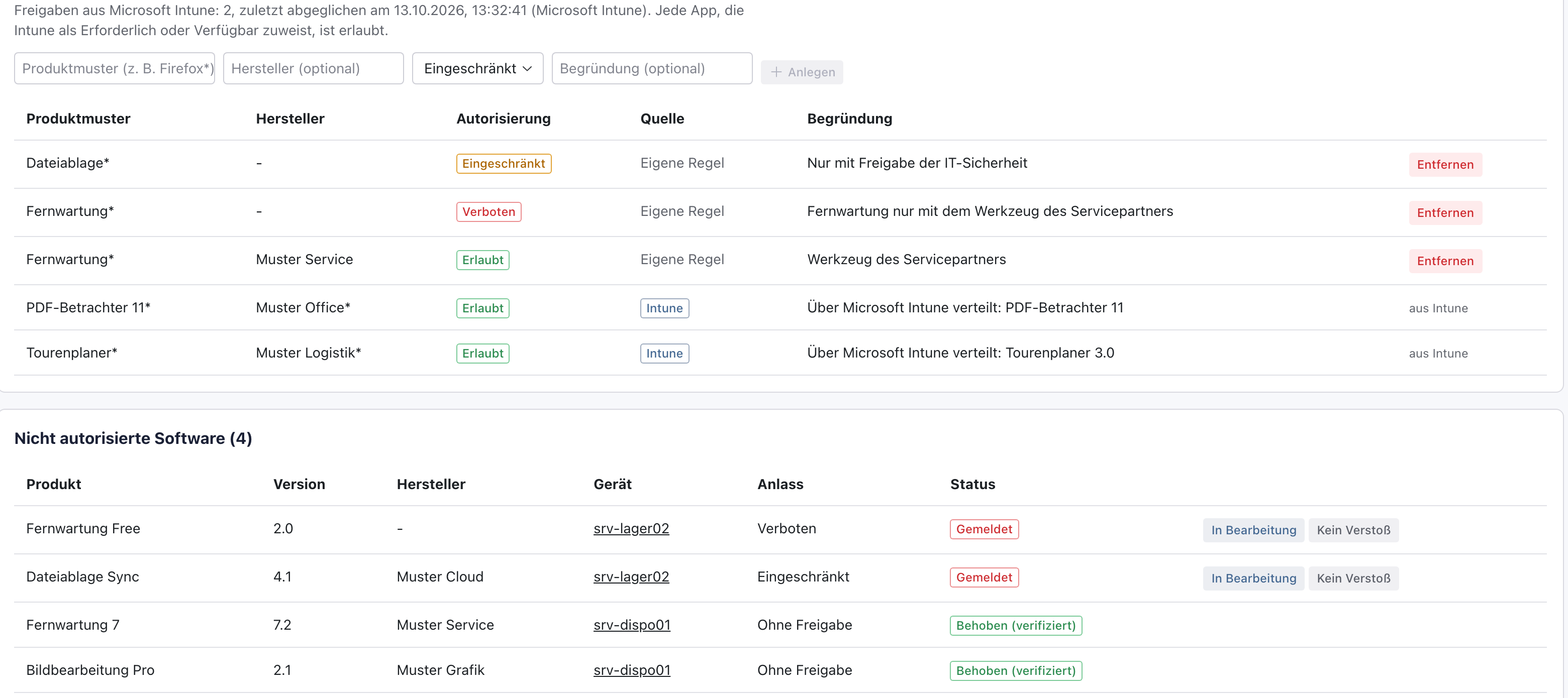 Autorisierungsliste mit den eigenen Regeln Dateiablage* Eingeschränkt, Fernwartung* Verboten und Fernwartung* Erlaubt für Muster Service, darunter die Regeln aus Intune; unter Nicht autorisierte Software Fernwartung Free mit Anlass Verboten und Dateiablage Sync mit Anlass Eingeschränkt, beide Gemeldet