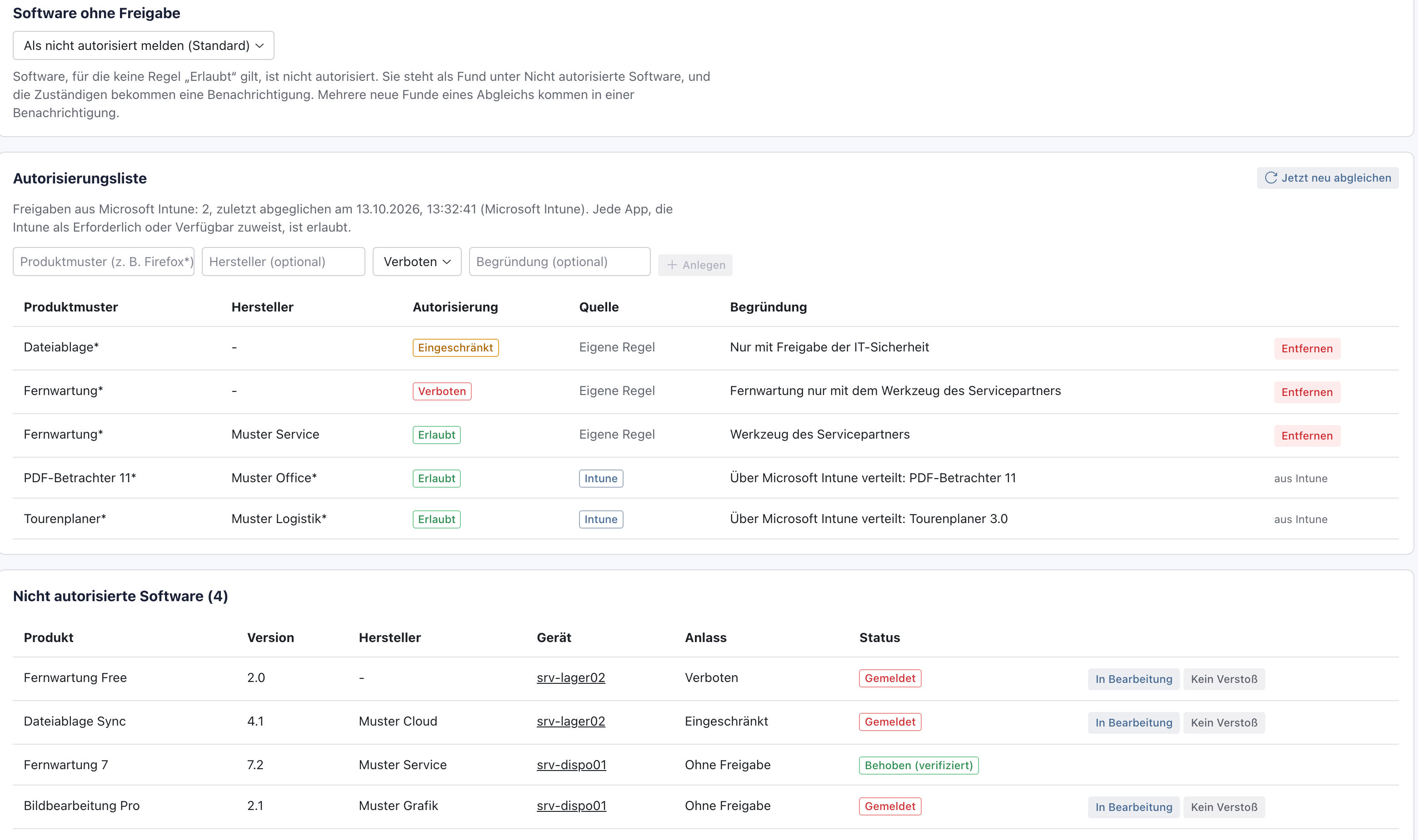 Software ohne Freigabe auf Als nicht autorisiert melden (Standard), darunter die Autorisierungsliste und die Funde; Bildbearbeitung Pro mit Anlass Ohne Freigabe steht wieder auf Gemeldet