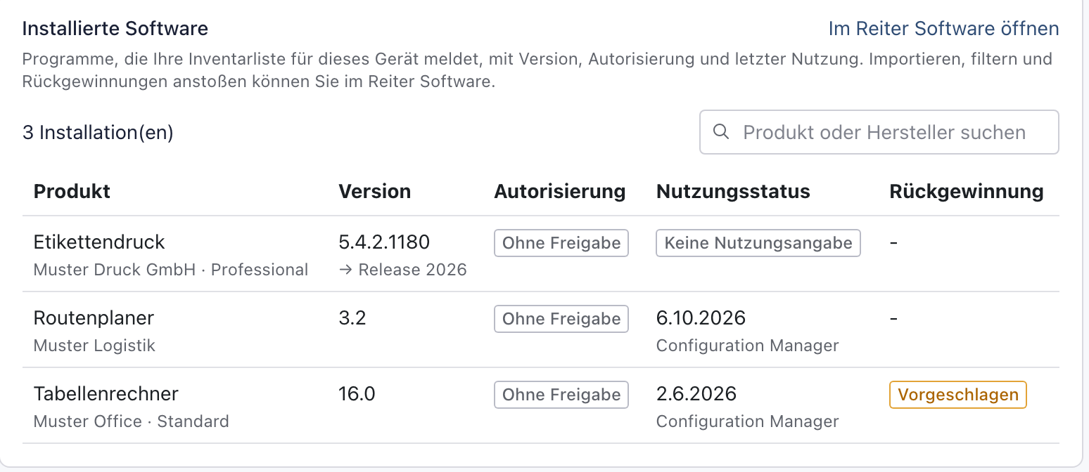 Block Installierte Software auf der Geräteseite von nb-lager12 mit drei Installationen, bei Tabellenrechner unter Rückgewinnung Vorgeschlagen