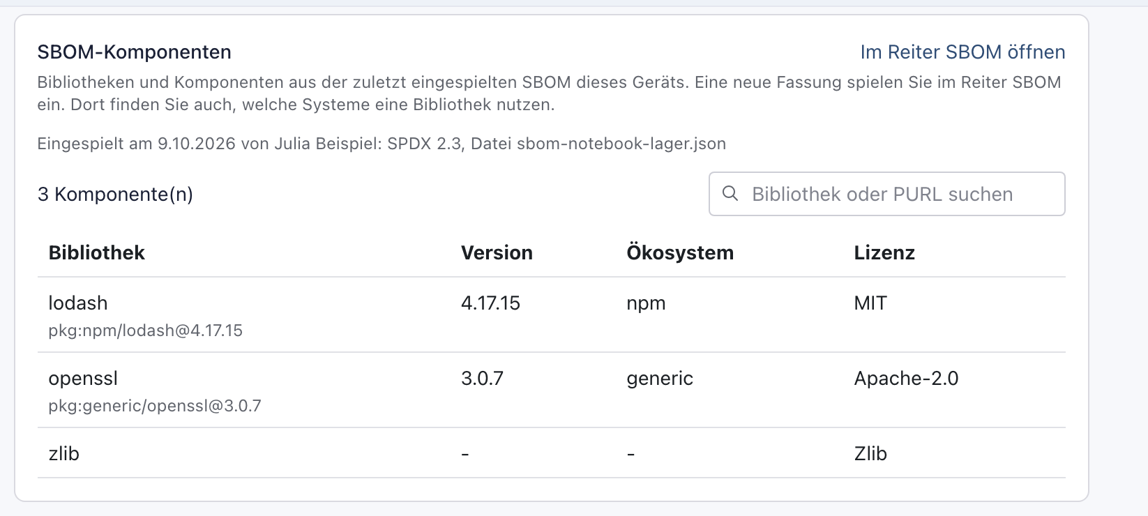 Block SBOM-Komponenten auf der Geräteseite von nb-lager12 mit lodash 4.17.15, openssl 3.0.7 und zlib