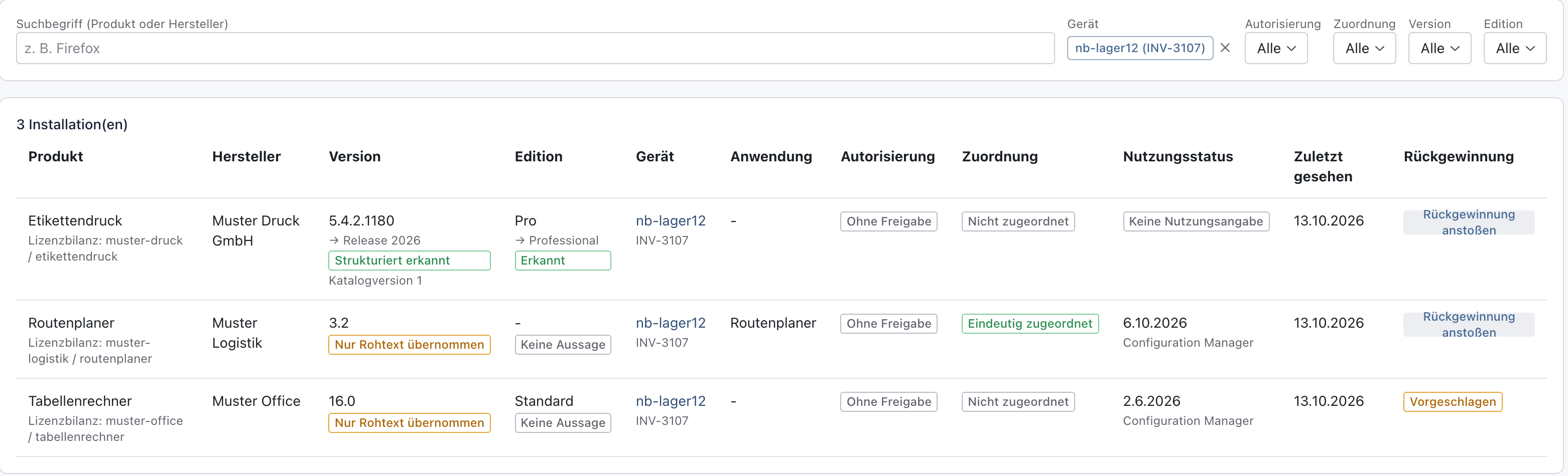 Reiter Software mit dem Filter Gerät nb-lager12 (INV-3107) und drei Installationen
