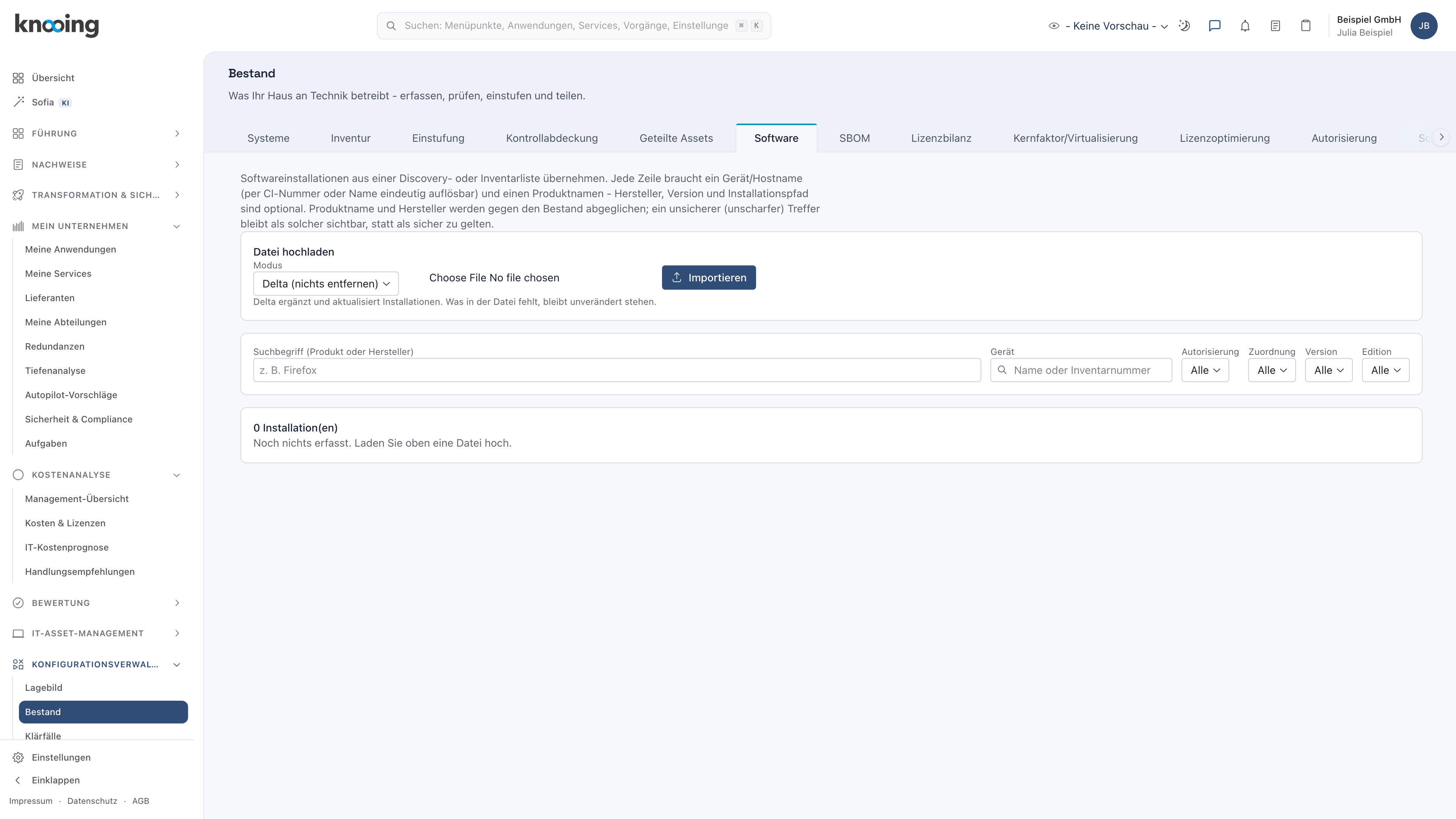Reiter Software im Bestand vor dem ersten Import: Kasten Datei hochladen, darunter die Filter mit Gerät und 0 Installation(en)