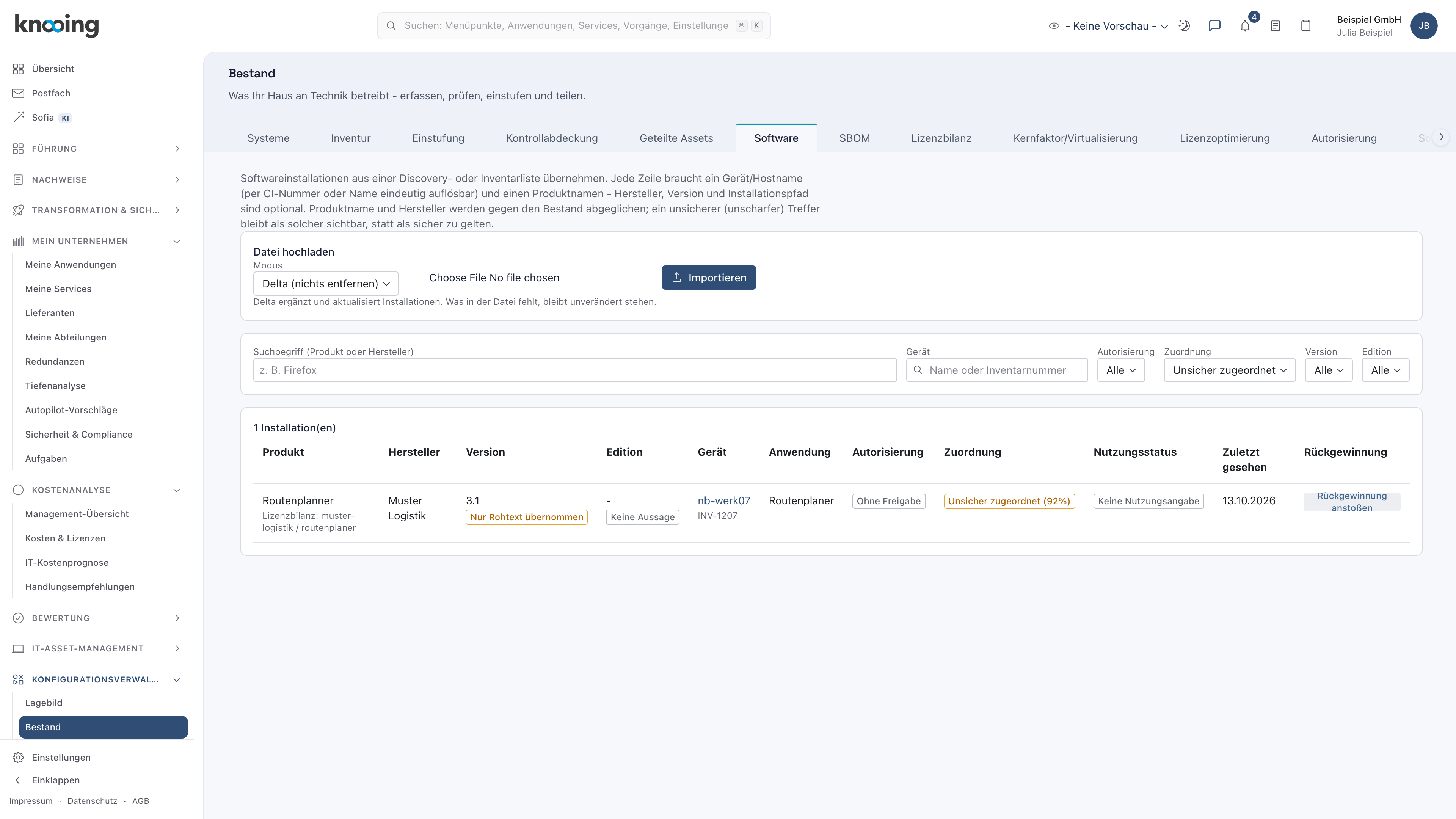 Softwareliste mit dem Filter Zuordnung Unsicher zugeordnet und einer Installation Routenplanner mit Unsicher zugeordnet (92%), rechts die Spalte Rückgewinnung