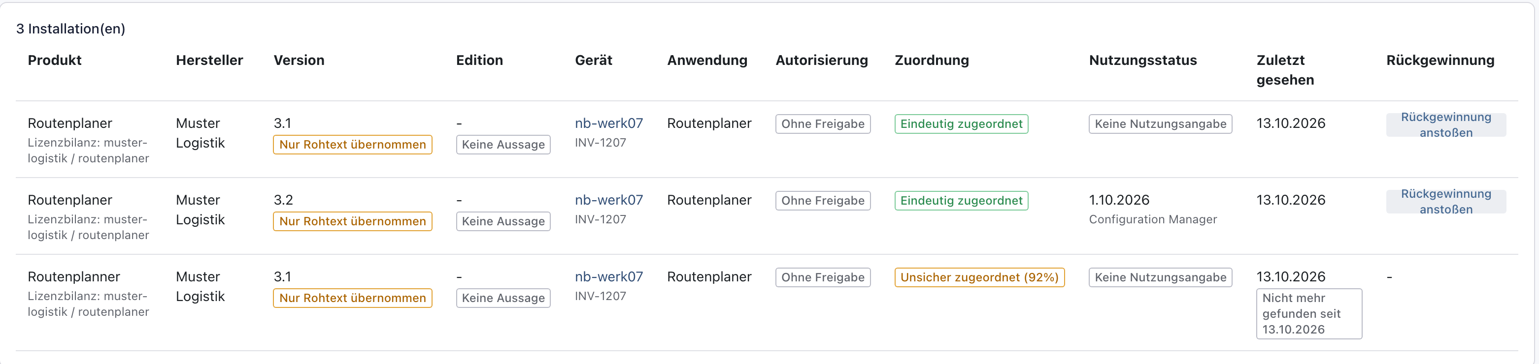Softwareliste mit dem Suchbegriff Routen: Routenplaner 3.1 Eindeutig zugeordnet, Routenplanner 3.1 Nicht mehr gefunden und in der Spalte Rückgewinnung ein Strich