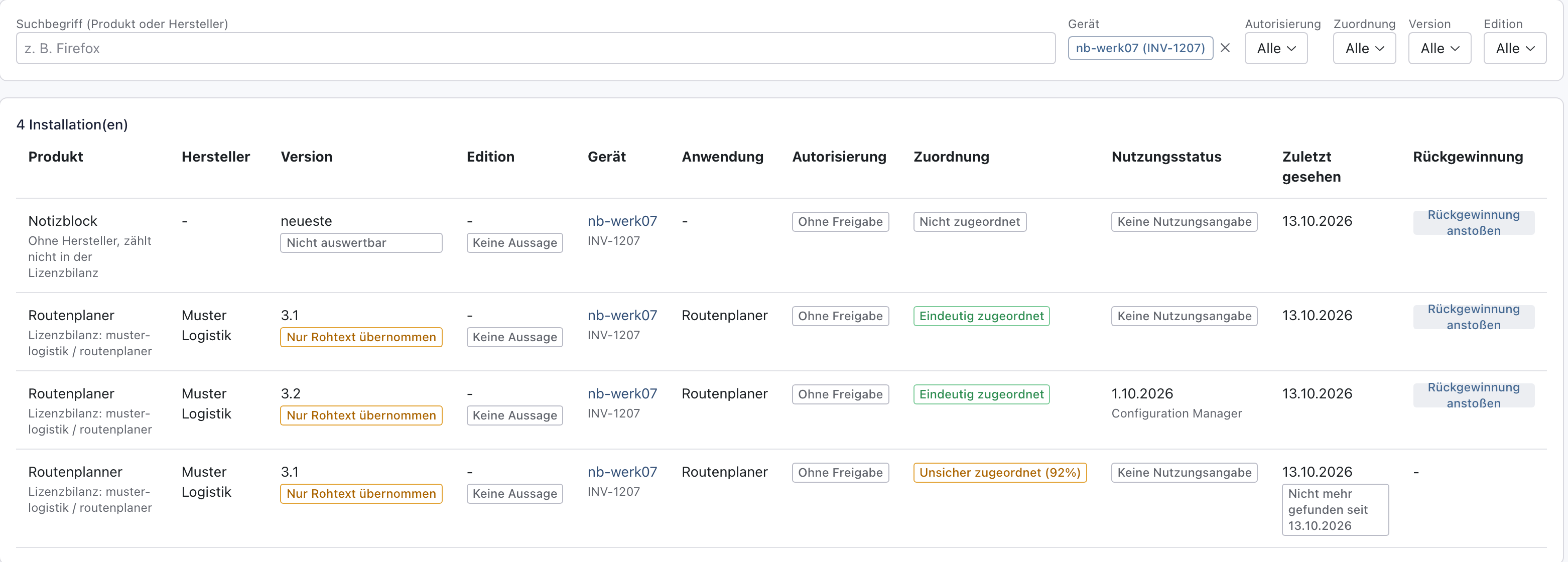 Softwareliste mit dem Filter Gerät nb-werk07 (INV-1207): vier Installationen, darunter Routenplanner, nicht mehr gefunden