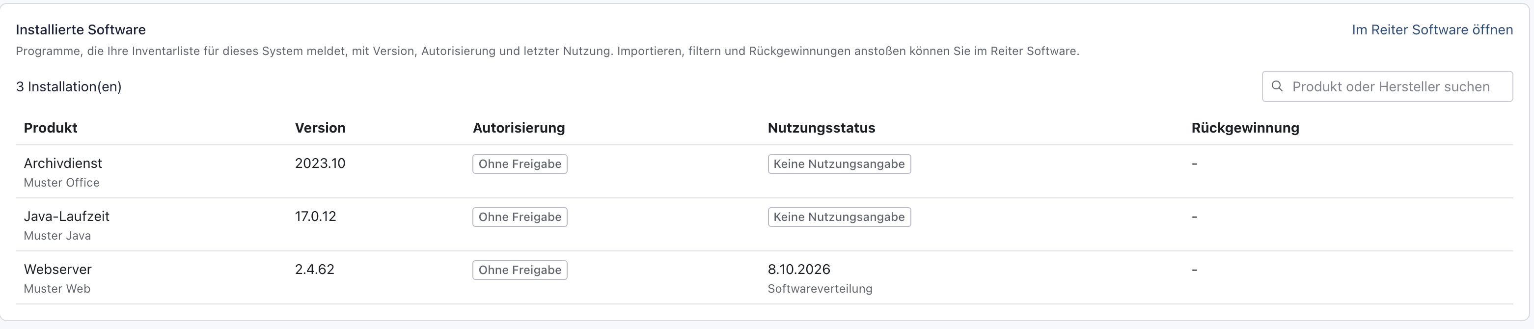 Block Installierte Software auf der Systemseite von srv-portal01 mit Archivdienst, Java-Laufzeit und Webserver