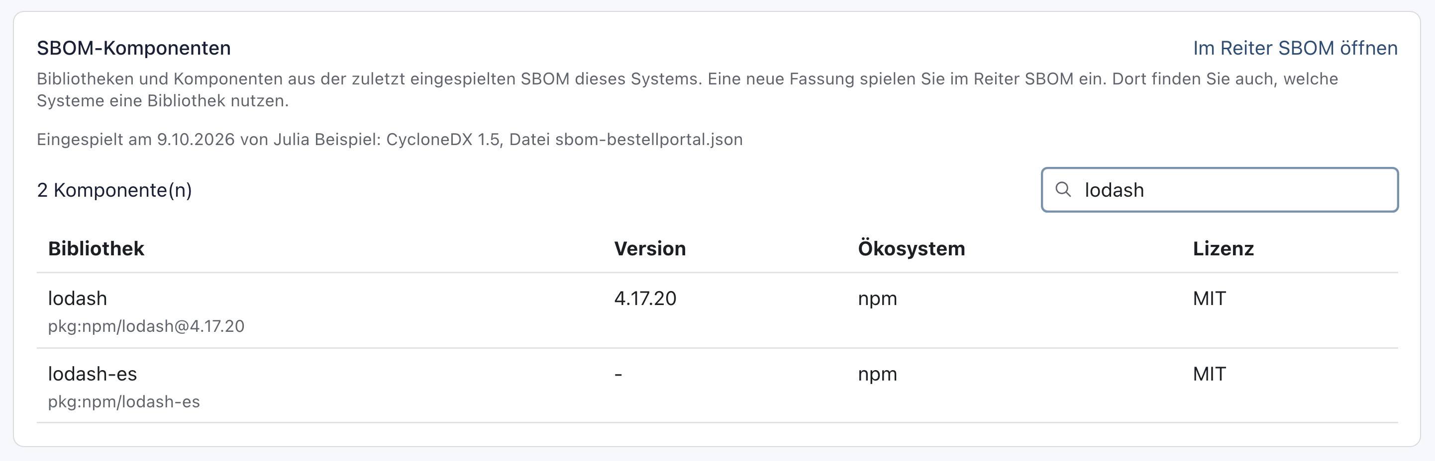 Block SBOM-Komponenten auf der Systemseite von srv-portal01 mit dem Suchbegriff lodash und zwei Komponenten