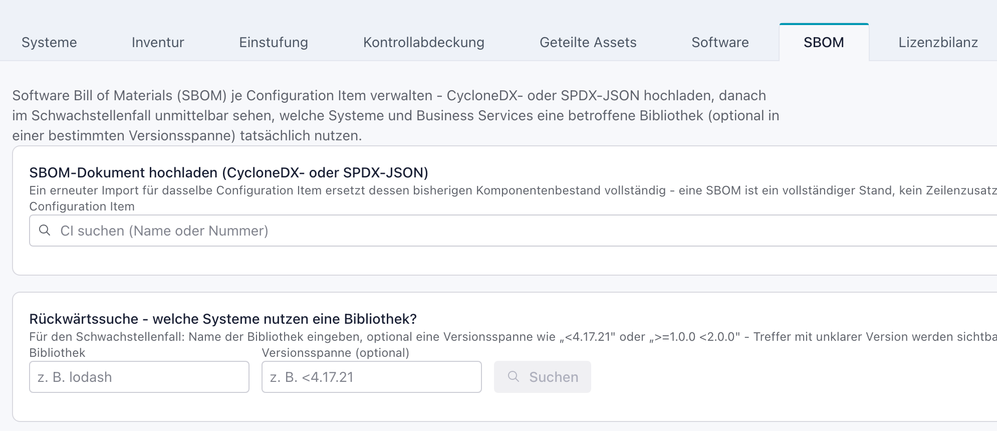 Reiter SBOM im Bestand mit dem Bereich Rückwärtssuche