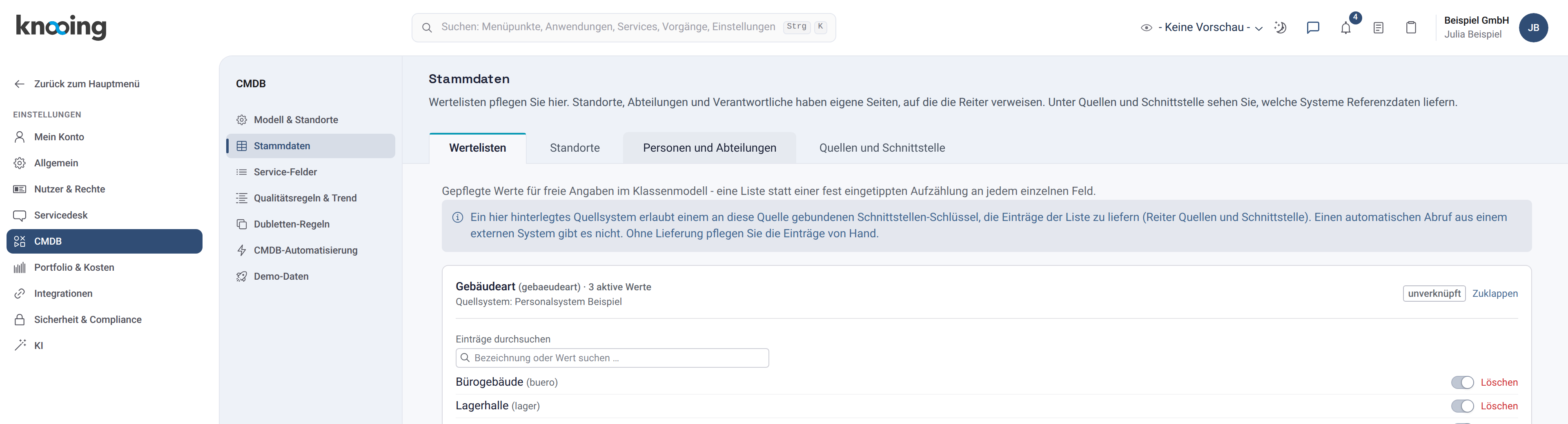 Reiter Personen und Abteilungen mit den Knöpfen Verantwortliche verwalten und Abteilungen verwalten