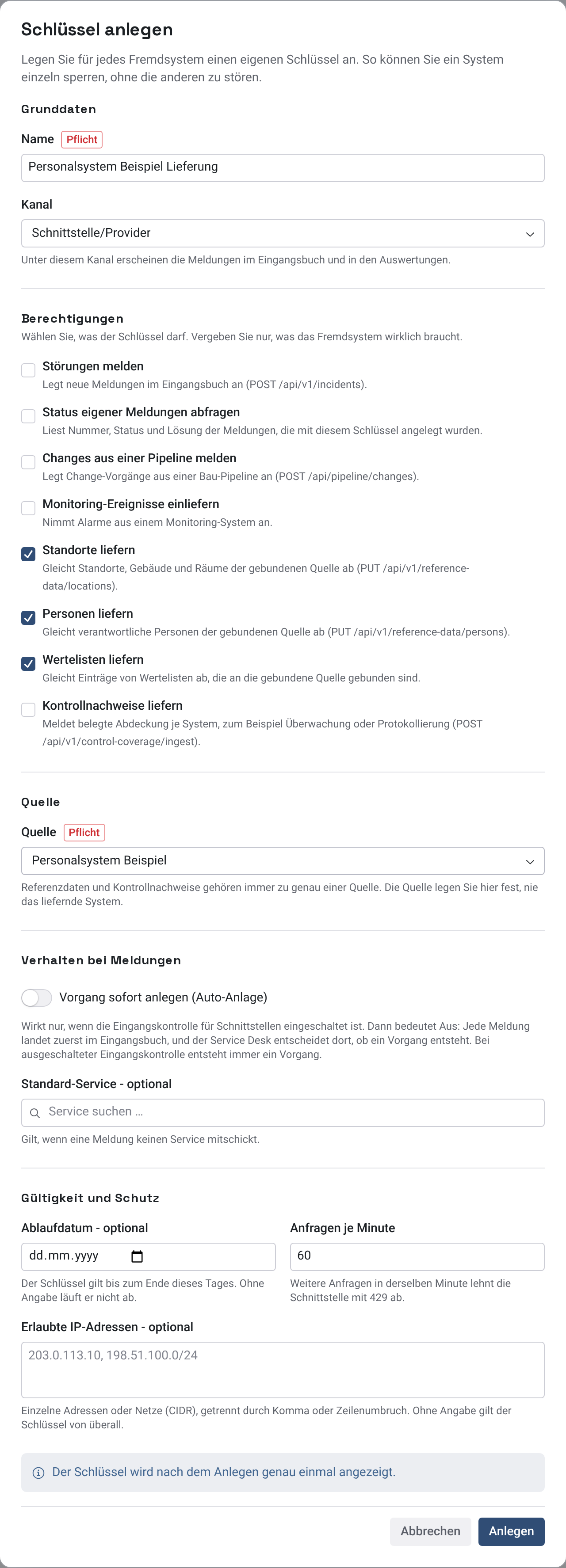Dialog Schlüssel anlegen mit Name Personalsystem Beispiel Lieferung, den Berechtigungen Standorte liefern, Personen liefern und Wertelisten liefern sowie der Quelle Personalsystem Beispiel