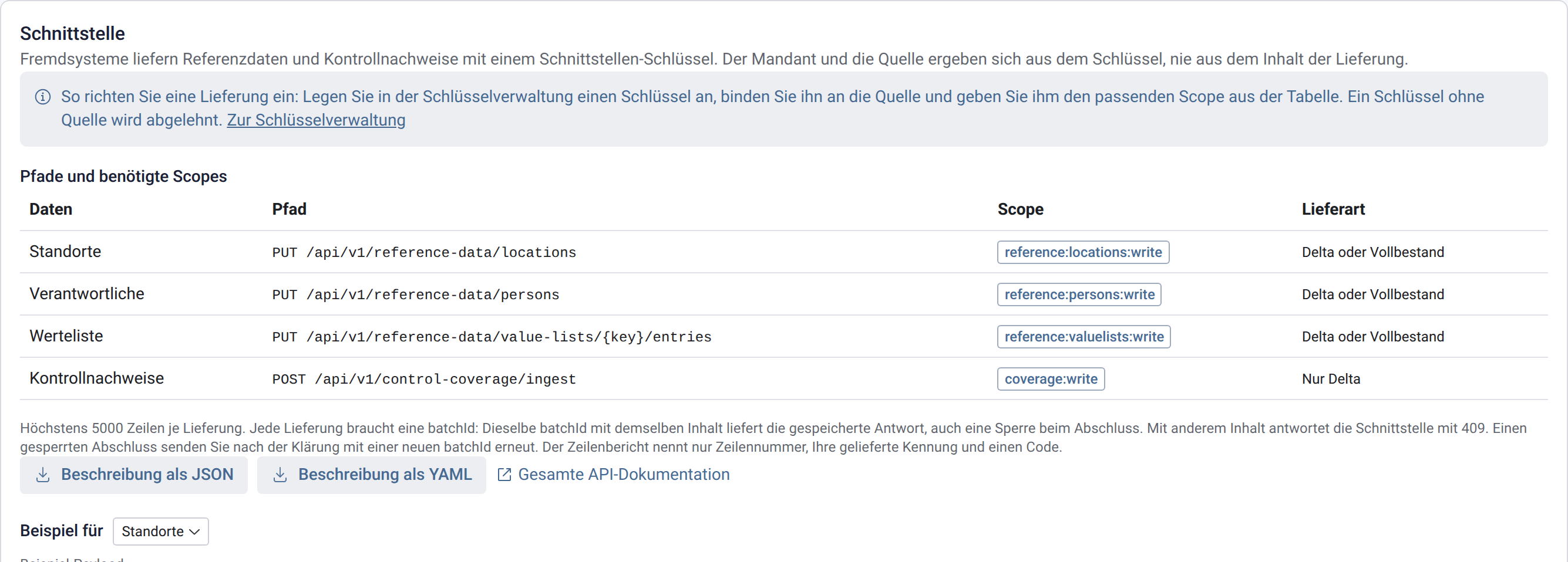 Abschnitt Schnittstelle mit der Tabelle Pfade und benötigte Scopes und der Auswahl Beispiel für