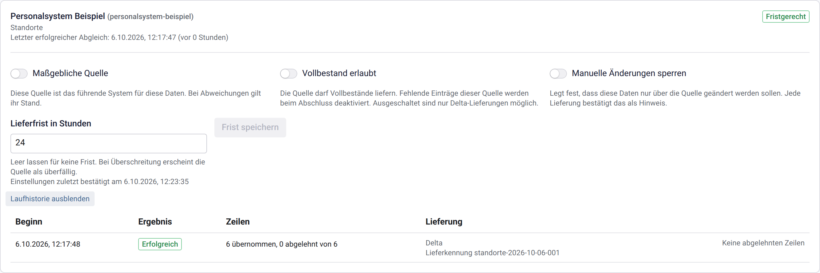 Karte Personalsystem Beispiel für Standorte mit geöffneter Laufhistorie und einer erfolgreichen Lieferung