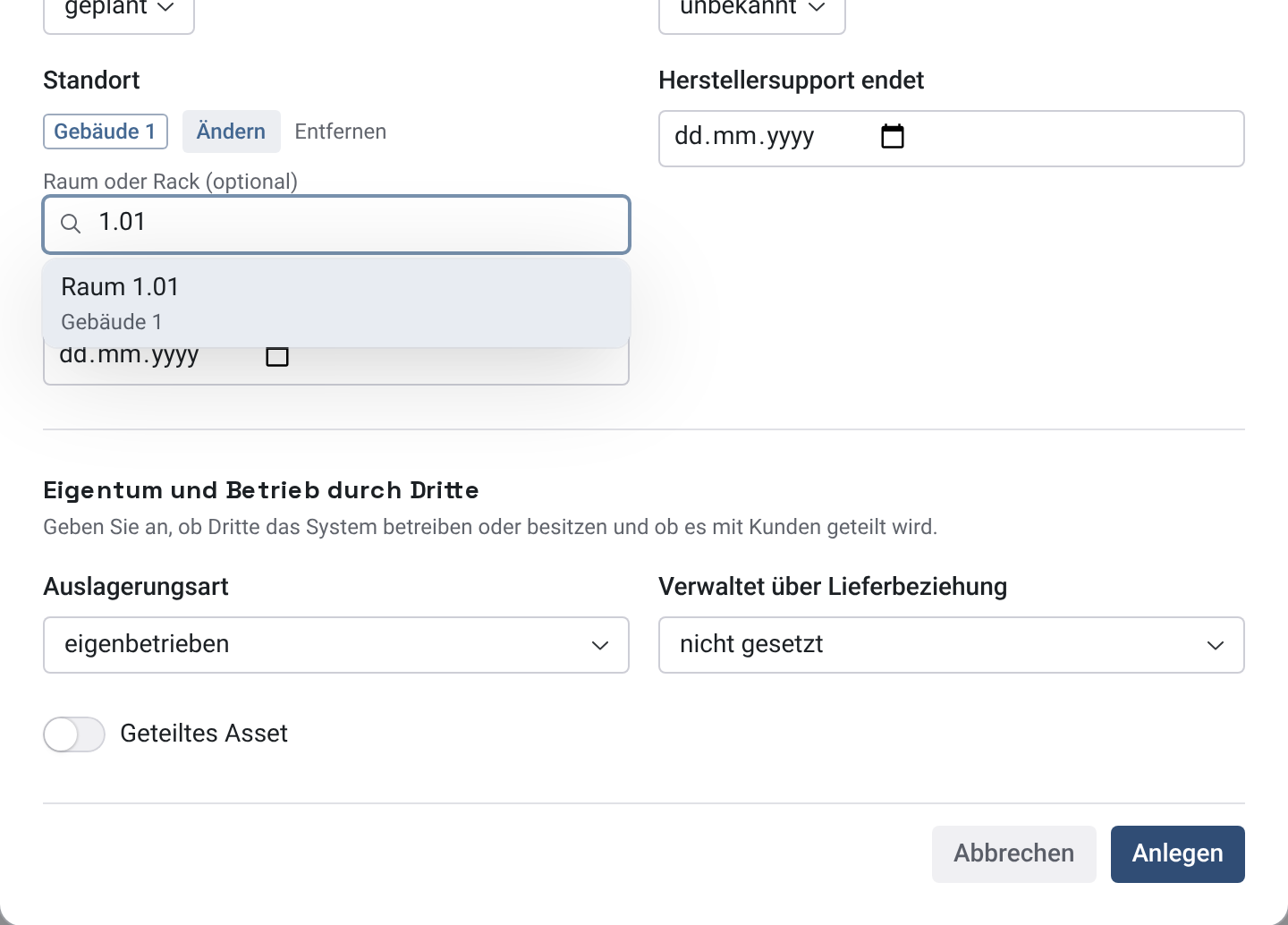 Gewähltes Gebäude 1 mit Ändern und Entfernen und darunter das Feld Raum oder Rack mit dem Suchbegriff 1.01 und dem Treffer Raum 1.01