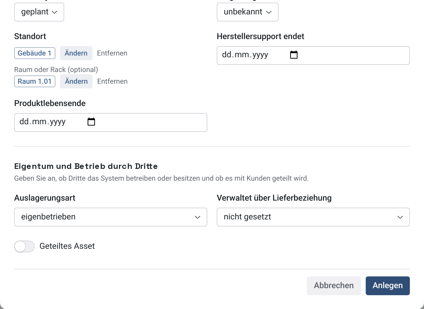 Gewähltes Gebäude 1 und gewählter Raum 1.01, beide mit Ändern und Entfernen