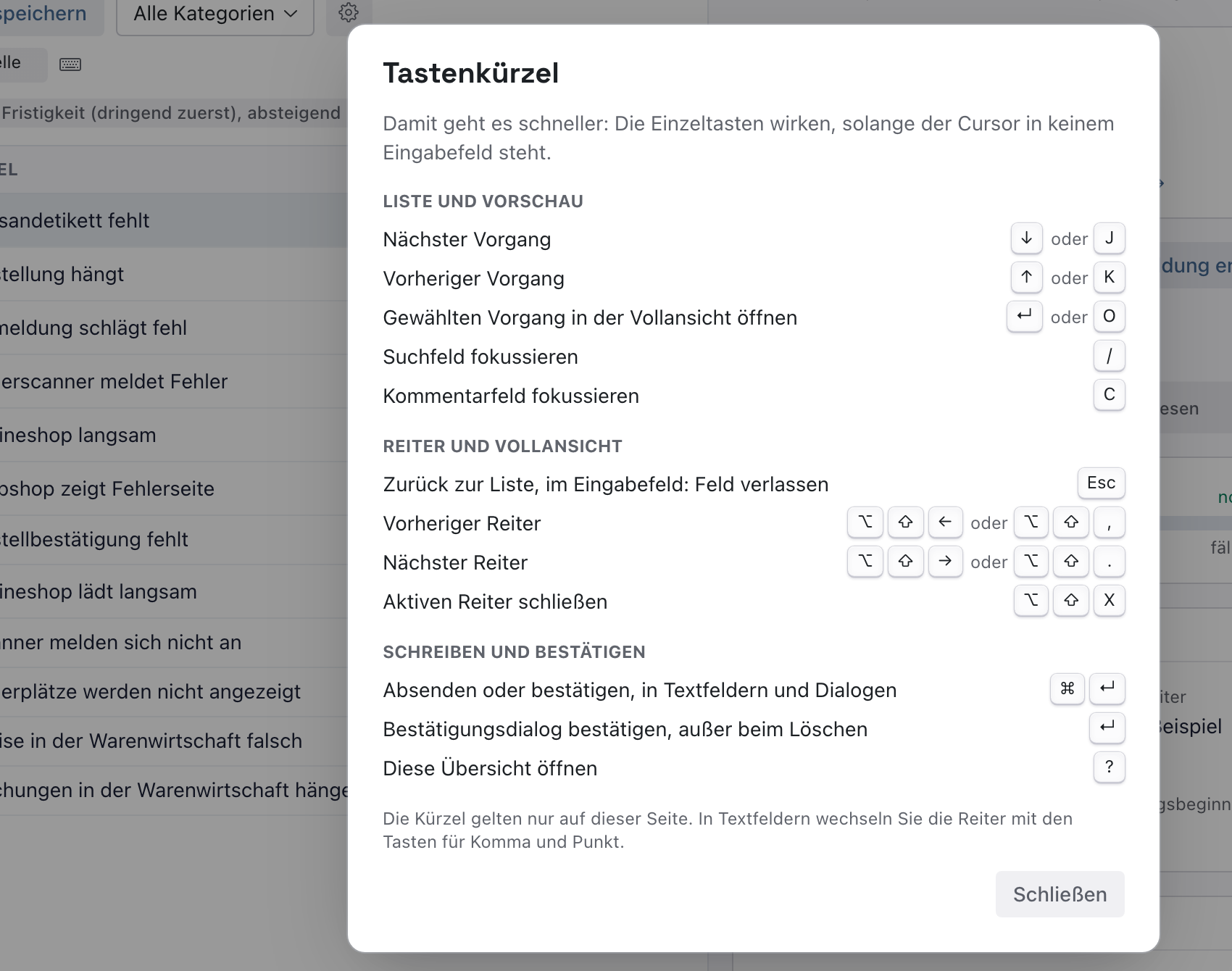 Fenster Tastenkürzel mit den Gruppen Liste und Vorschau, Reiter und Vollansicht sowie Schreiben und Bestätigen