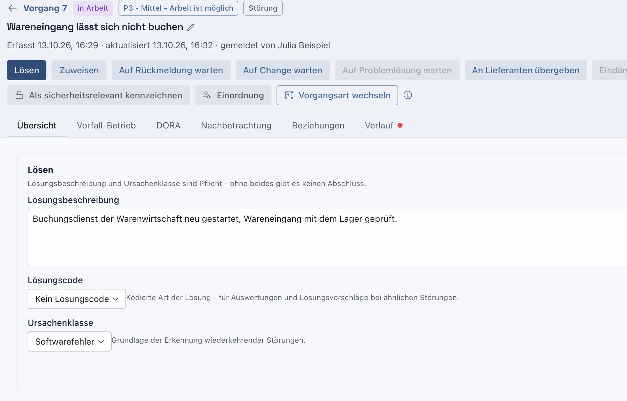 Störung Vorgang 7 in Arbeit mit dem Formular Lösen: Lösungsbeschreibung Buchungsdienst der Warenwirtschaft neu gestartet, Ursachenklasse Softwarefehler