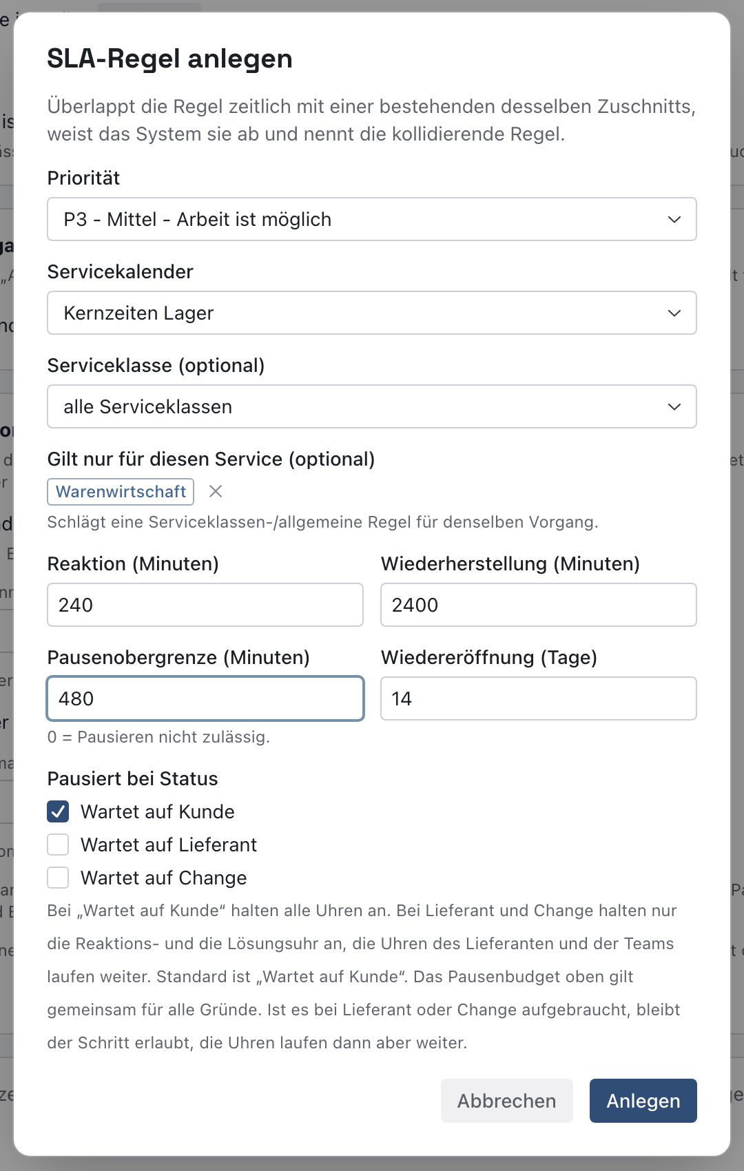 Dialog SLA-Regel anlegen mit Priorität P3 - Mittel - Arbeit ist möglich, Servicekalender Kernzeiten Lager, Service Warenwirtschaft, Reaktion 240 und Wiederherstellung 2400 Minuten