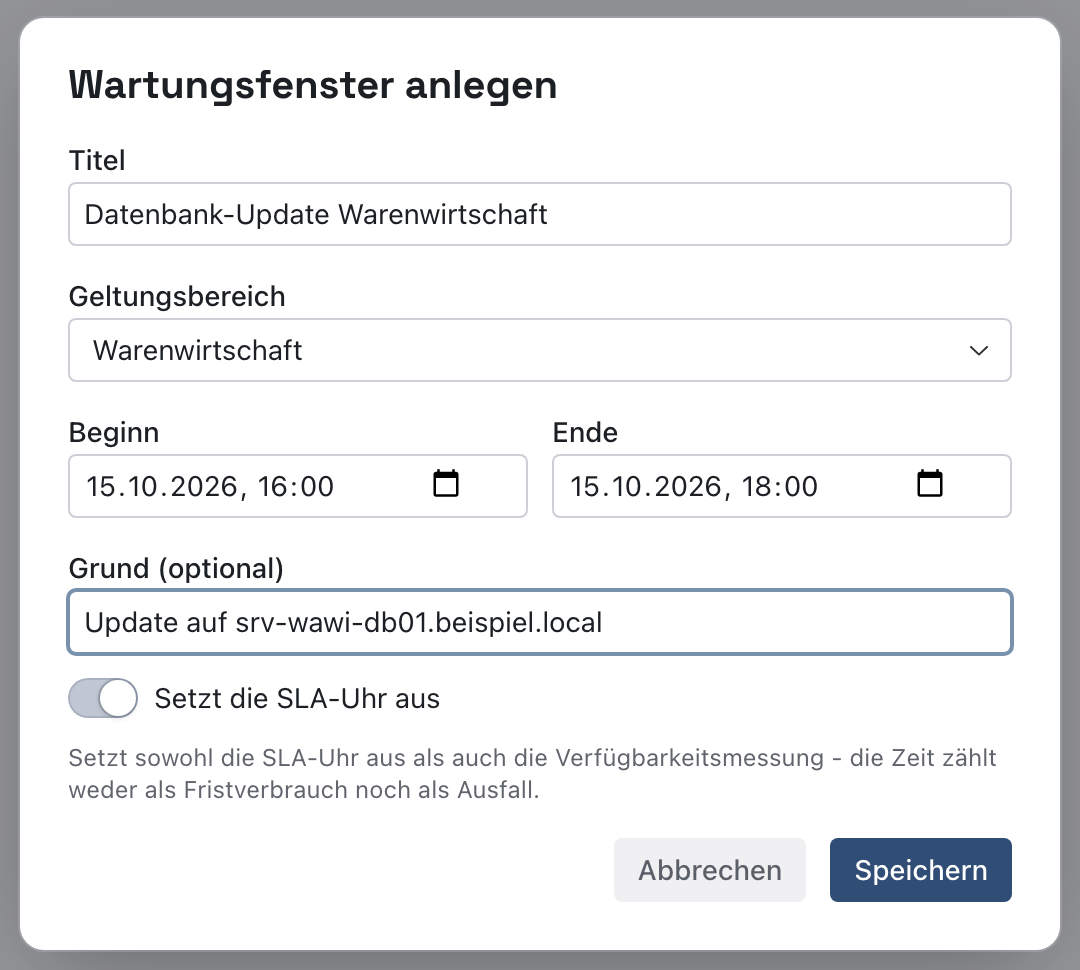 Dialog Wartungsfenster anlegen mit Titel Datenbank-Update Warenwirtschaft, Geltungsbereich Warenwirtschaft, Beginn 15.10.2026 16:00, Ende 15.10.2026 18:00 und eingeschaltetem Schalter Setzt die SLA-Uhr aus