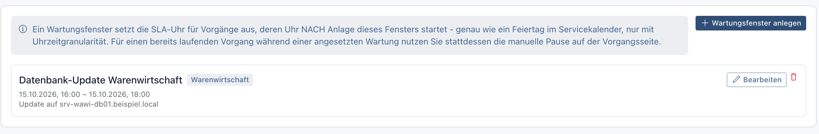 Liste der Wartungsfenster mit dem Eintrag Datenbank-Update Warenwirtschaft für Warenwirtschaft am 15.10.2026 von 16:00 bis 18:00