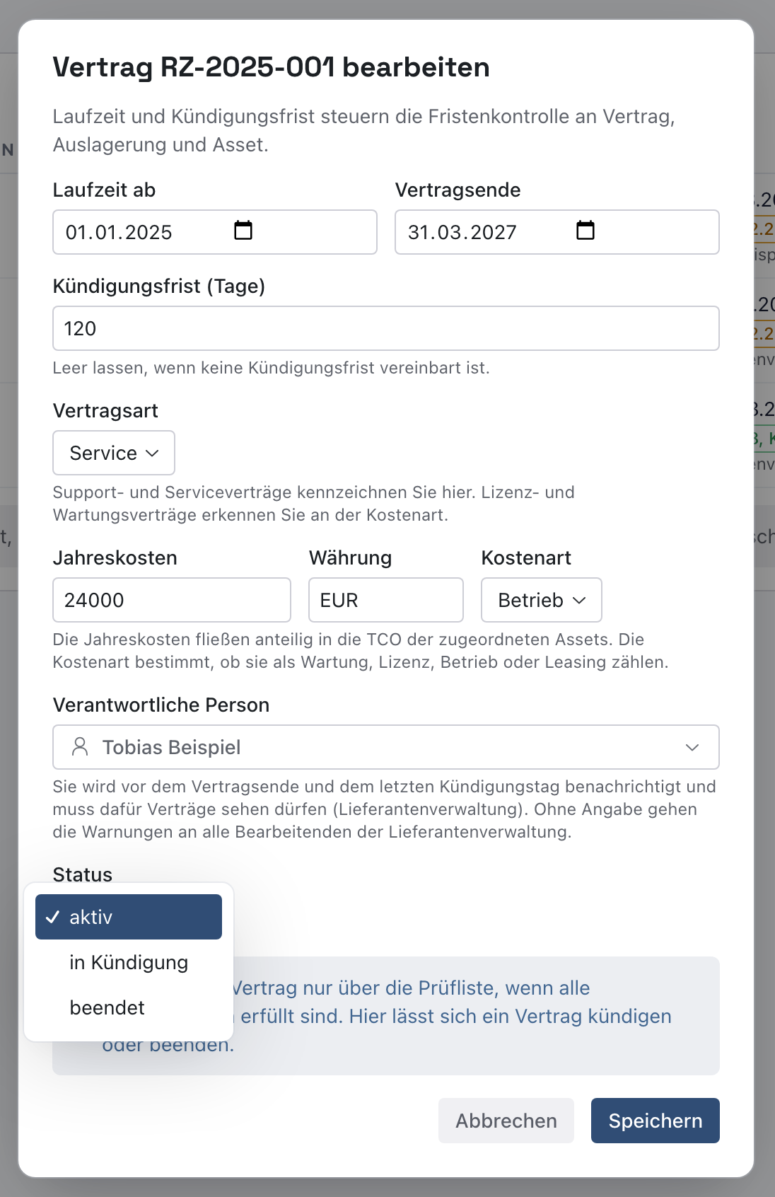 Dialog Vertrag bearbeiten mit geöffneter Auswahl Status und den Werten aktiv, in Kündigung und beendet