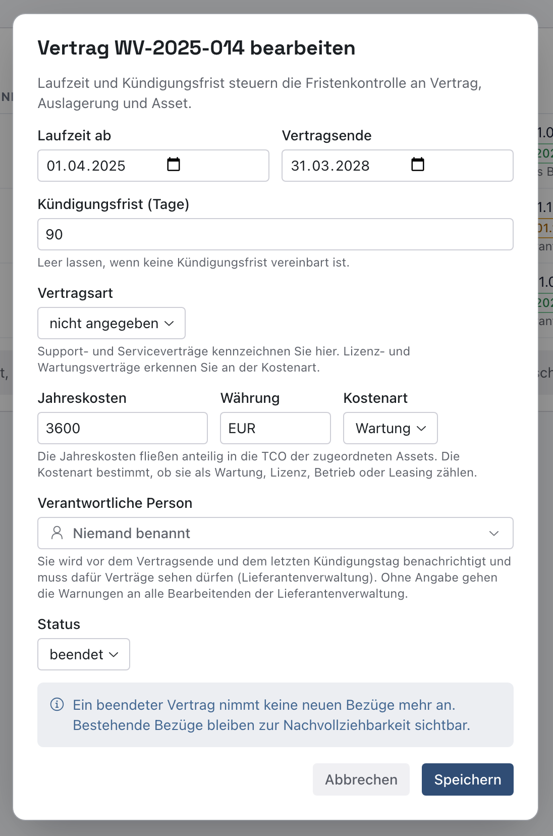Dialog Vertrag WV-2025-014 bearbeiten mit Status beendet und dem Hinweis zu den Bezügen