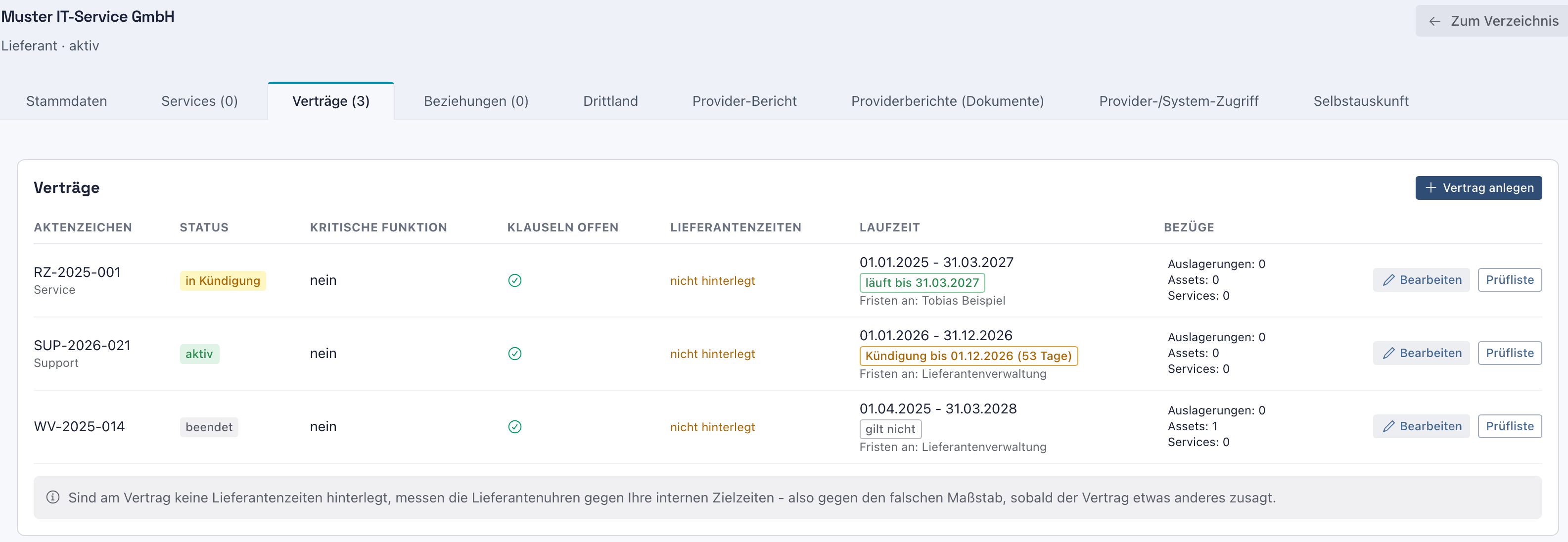 Vertragstabelle mit einem Vertrag in Kündigung und einem beendeten Vertrag