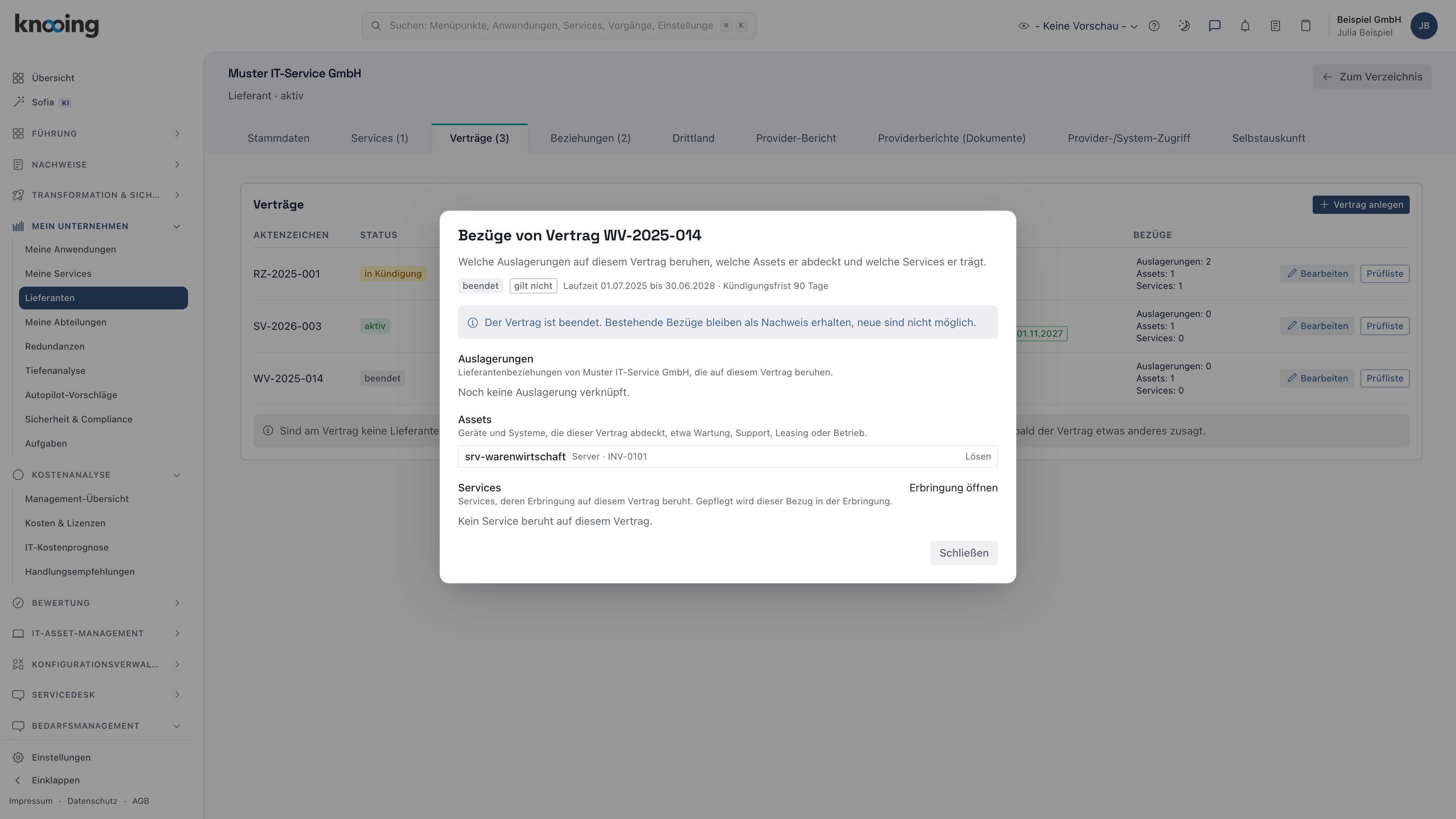 Dialog Bezüge eines beendeten Vertrags mit Hinweis und dem weiterhin zugeordneten Server