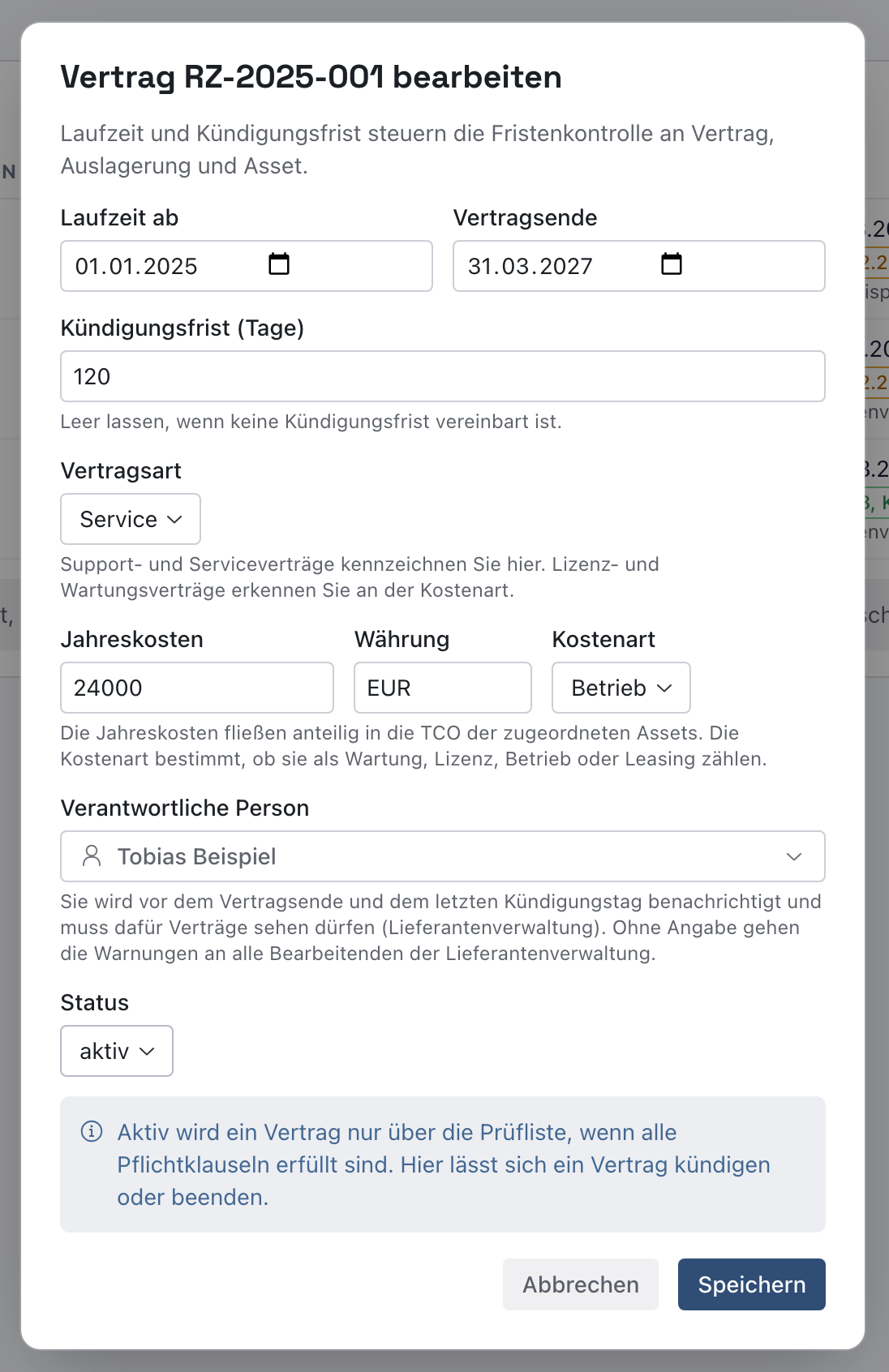 Dialog Vertrag RZ-2025-001 bearbeiten mit Laufzeit ab, Vertragsende, Kündigungsfrist, Vertragsart, Jahreskosten, Währung, Kostenart, verantwortlicher Person und Status