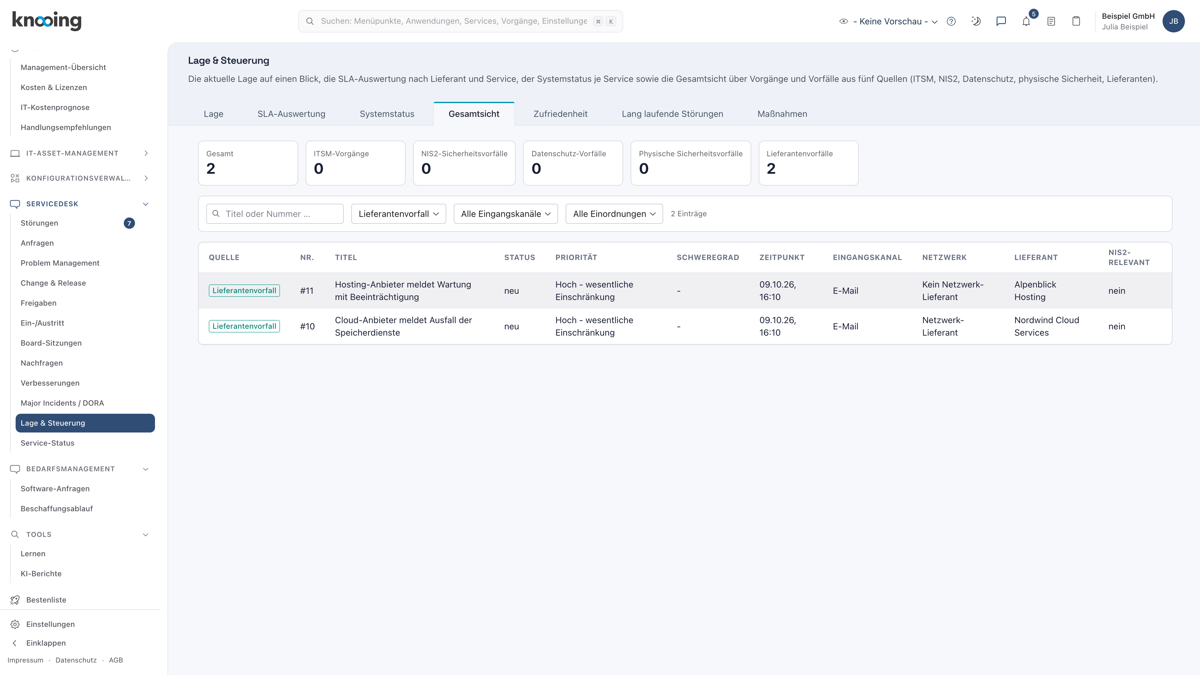 Gesamtsicht mit dem Filter Lieferantenvorfall und zwei Einträgen mit Eingangskanal E-Mail, Netzwerk-Einordnung und Lieferant
