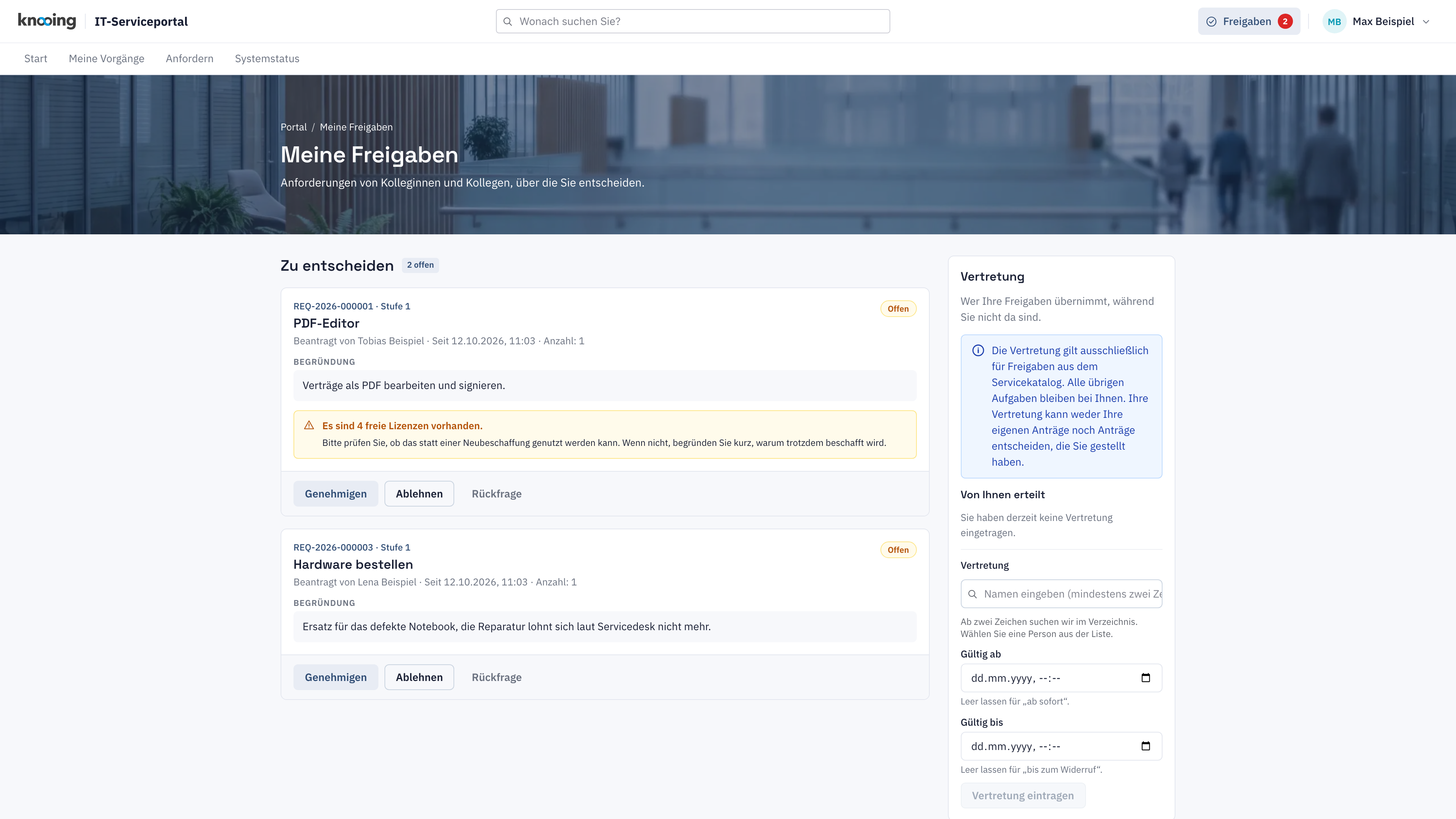 Meine Freigaben mit dem gelben Hinweis zu 4 freien Lizenzen bei der Anfrage PDF-Editor