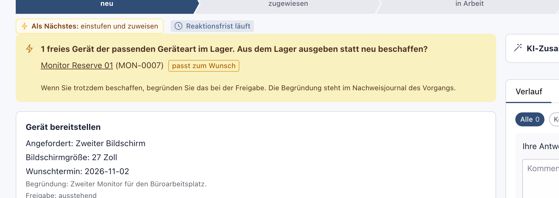 Vorgang mit Hinweis zu einem freien Lagergerät Monitor Reserve 01