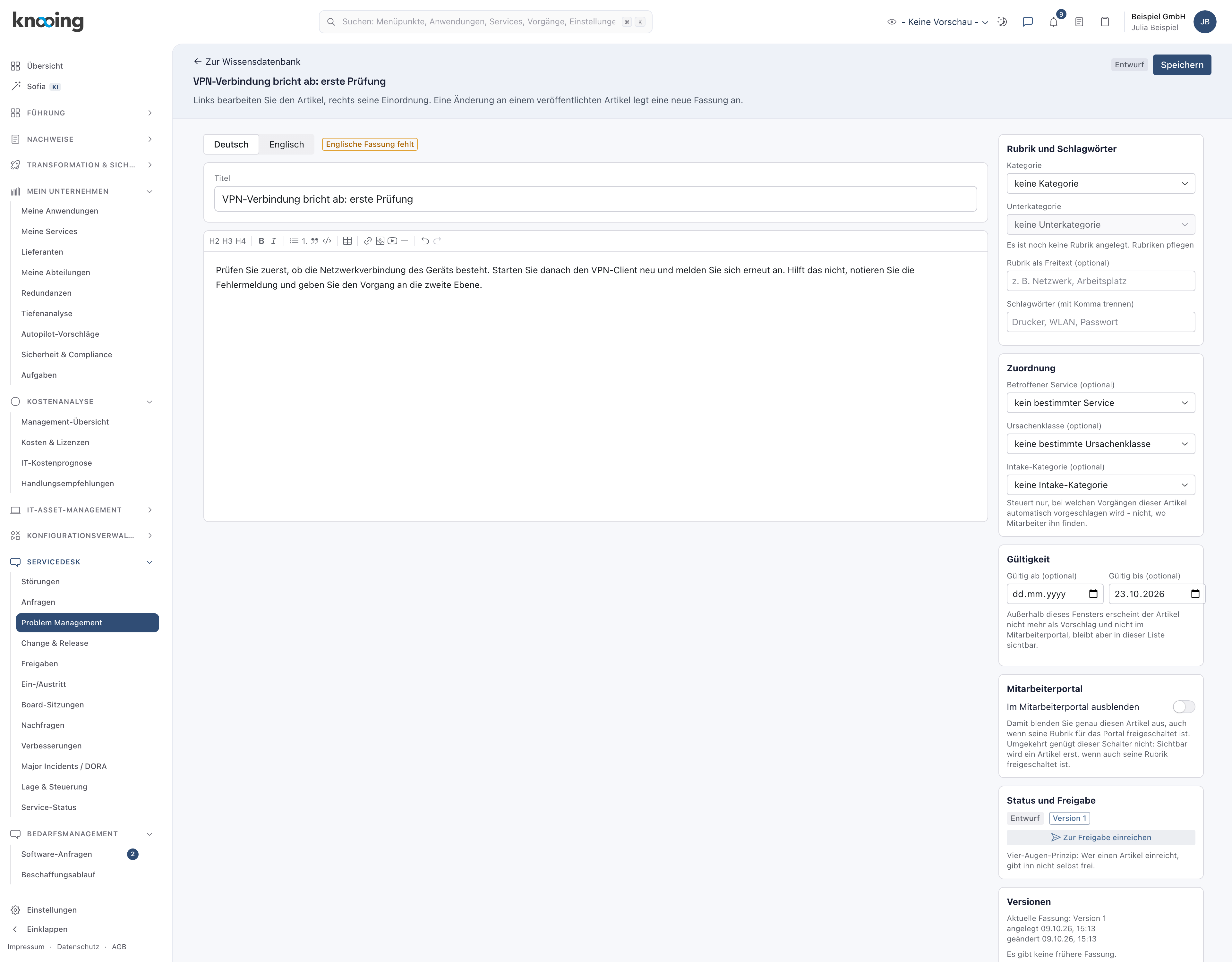 Artikel im Status Entwurf, Version 1, mit dem Knopf Zur Freigabe einreichen
